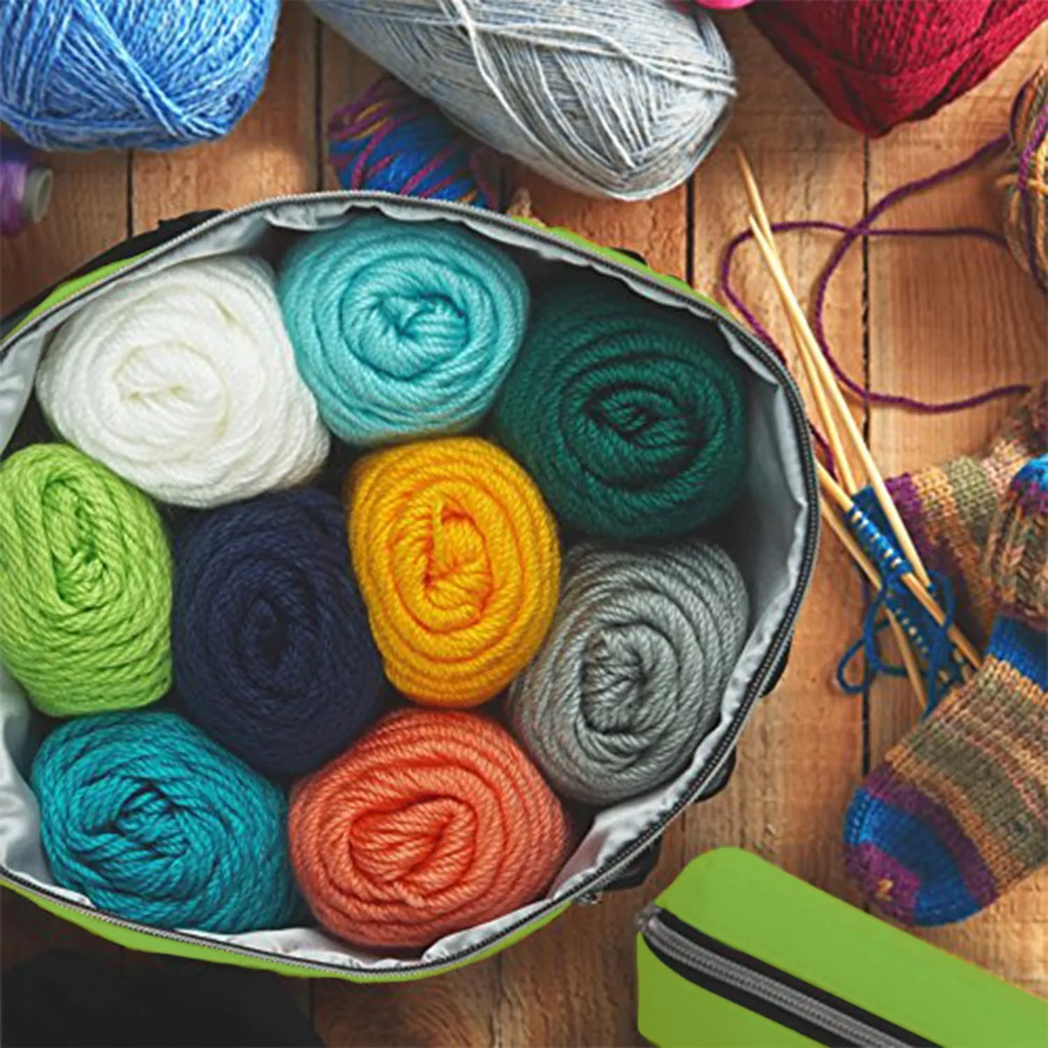 Stitch Happy Yarn Storage Bag: 7 Pocket Knitting & Crochet Bag, Green