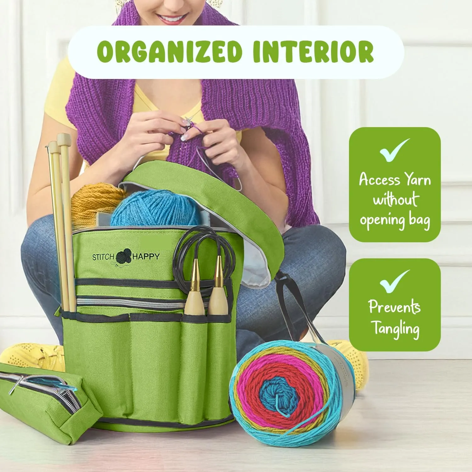 Stitch Happy Yarn Storage Bag: 7 Pocket Knitting & Crochet Bag, Green