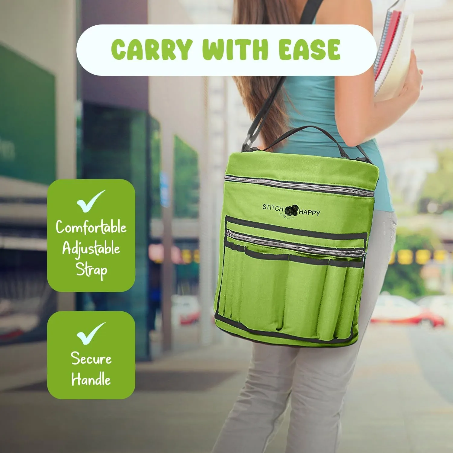Stitch Happy Yarn Storage Bag: 7 Pocket Knitting & Crochet Bag, Green