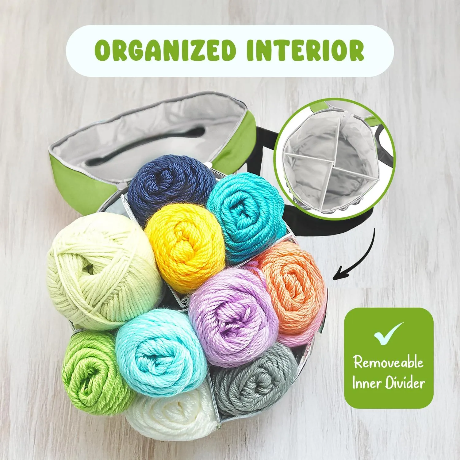 Stitch Happy Yarn Storage Bag: 7 Pocket Knitting & Crochet Bag, Green