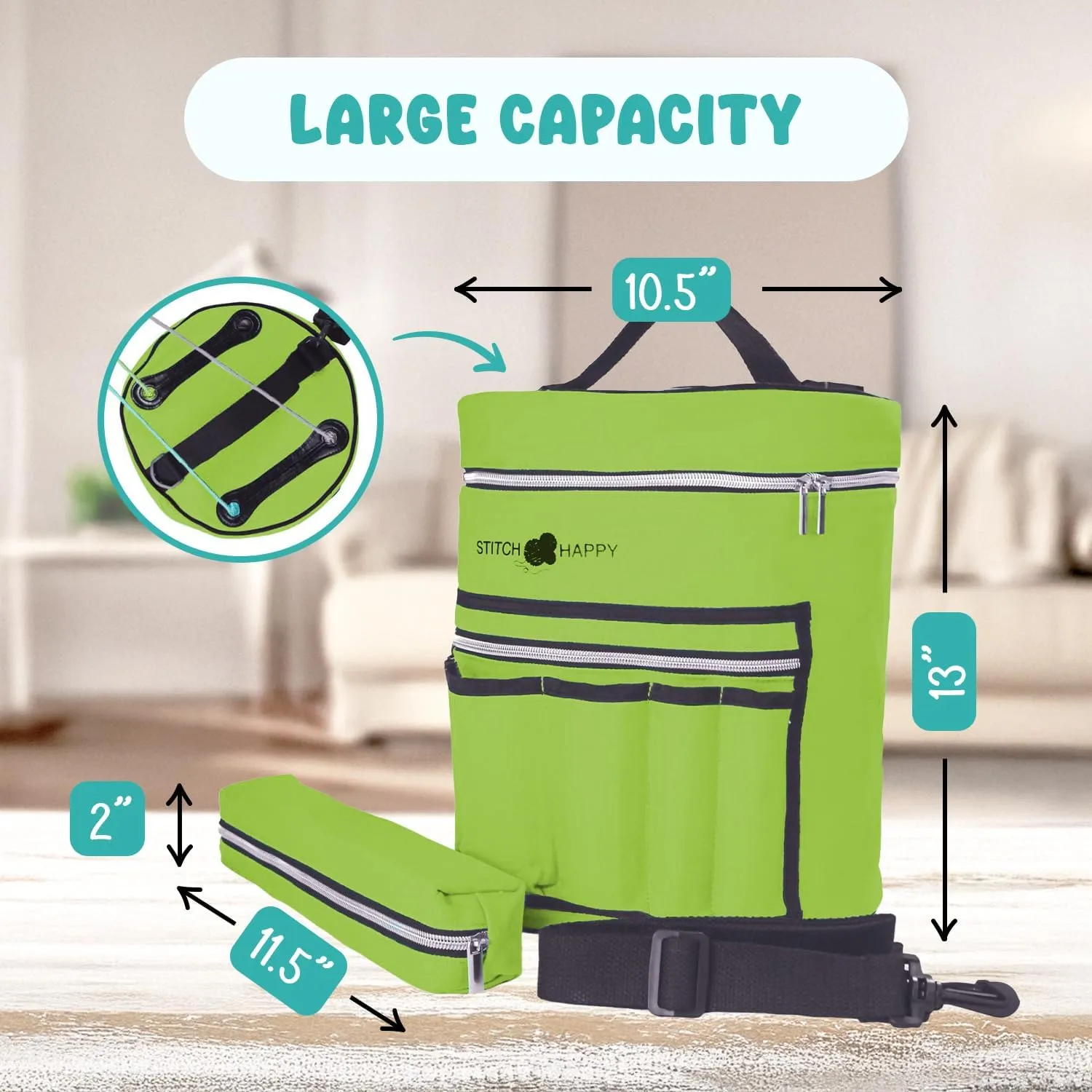 Stitch Happy Yarn Storage Bag: 7 Pocket Knitting & Crochet Bag, Green