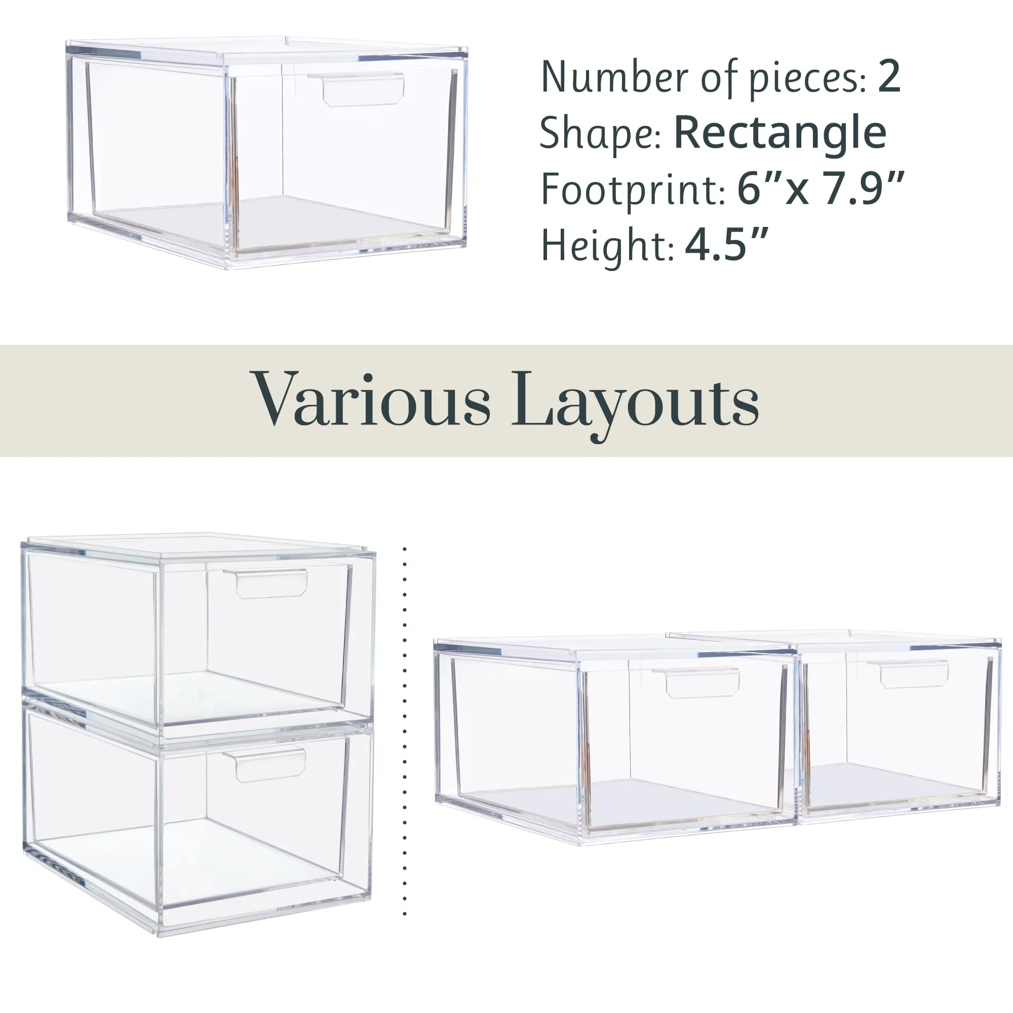 STORi Audrey Stackable Clear Bin Plastic Organizer Drawers | 2 Piece Set | Organize Cosmetics and Beauty Supplies on a Vanity | Made in USA