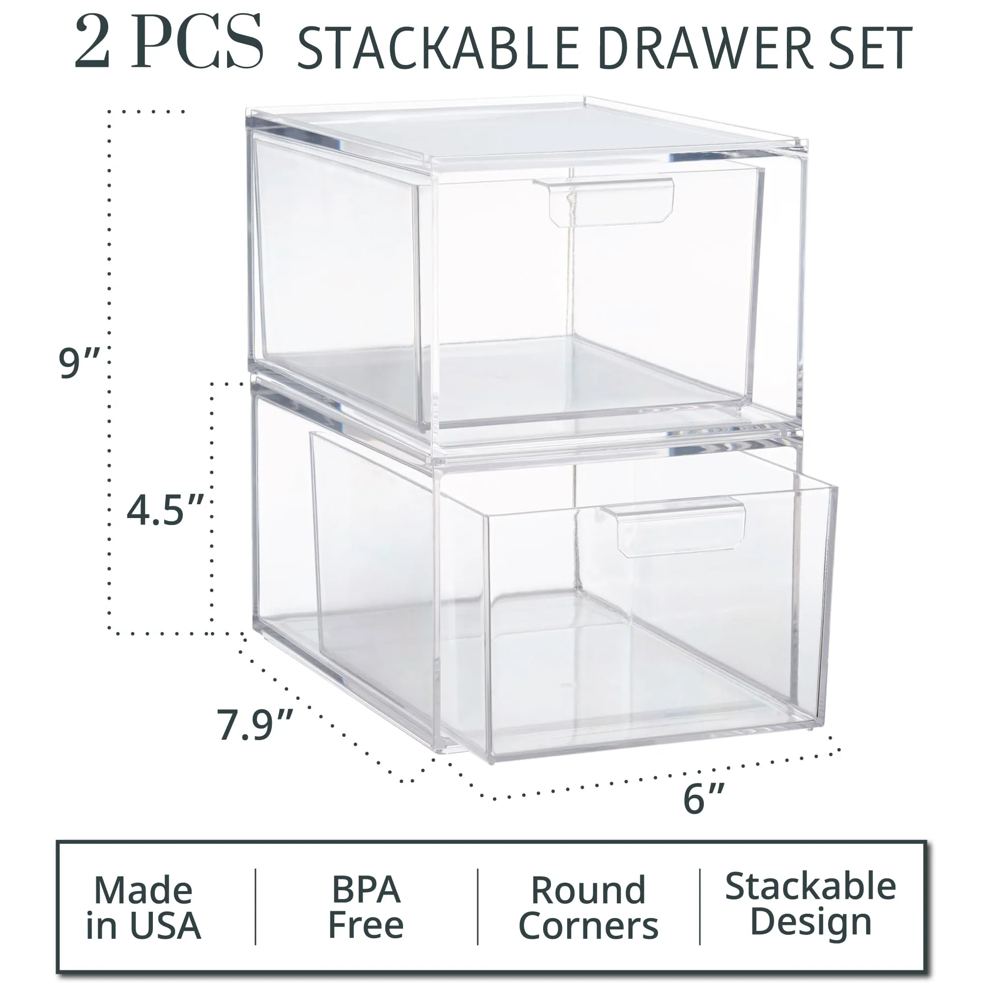 STORi Audrey Stackable Clear Bin Plastic Organizer Drawers | 2 Piece Set | Organize Cosmetics and Beauty Supplies on a Vanity | Made in USA