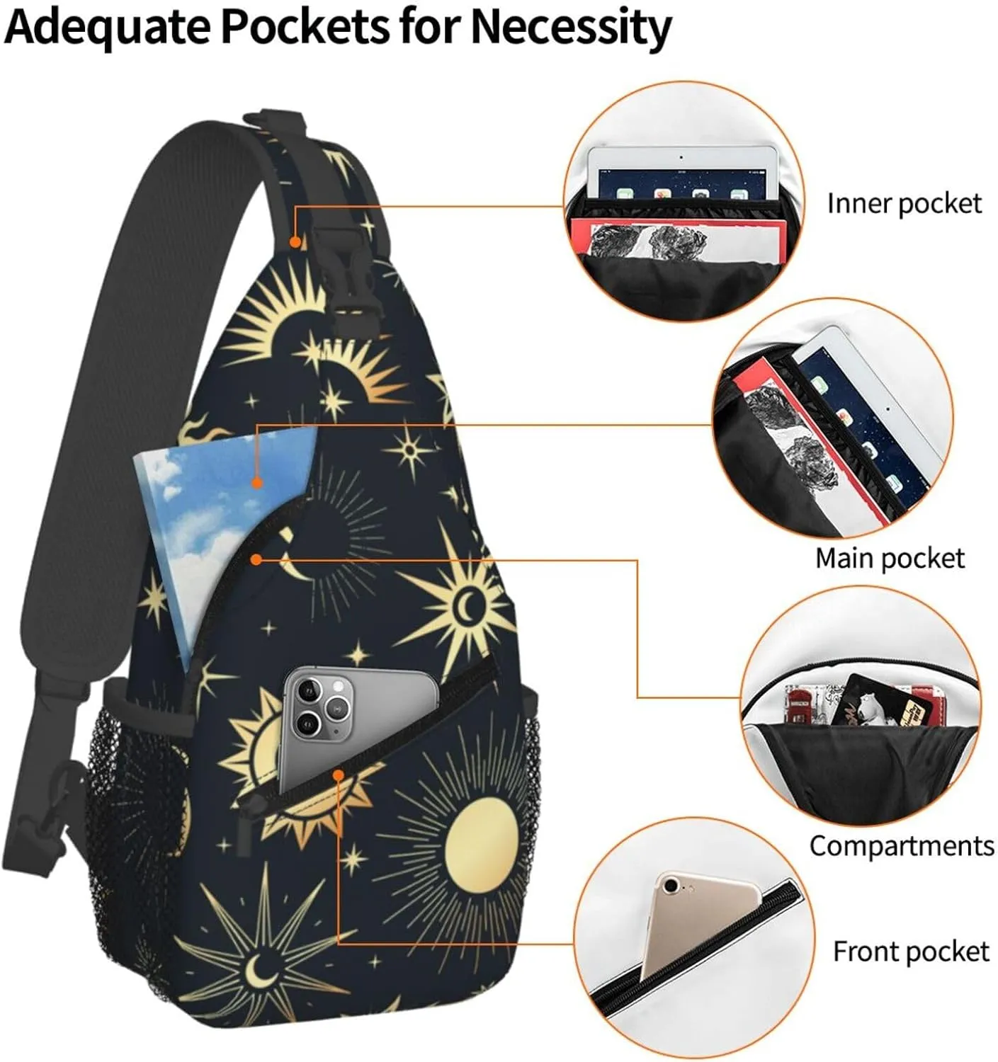 Sun Moon Crossbody Sling Backpack Sling Bag Adjustable Chest Shoulder Daypack For Women Men
