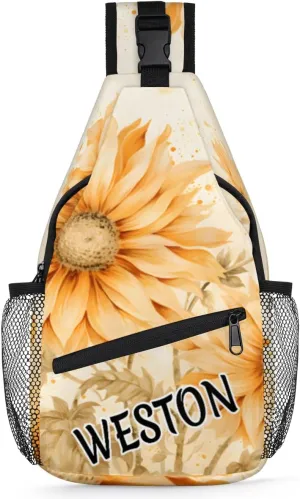 Sunflower Printed Custom Sling Bag with name, Personalized Crossbody Sling Backpack for Women Men Outdoor Sports Chest Bag