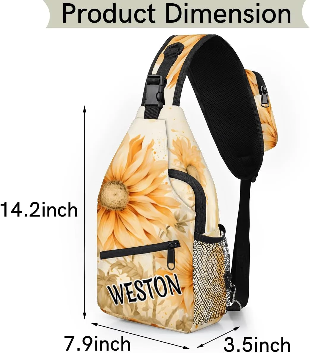 Sunflower Printed Custom Sling Bag with name, Personalized Crossbody Sling Backpack for Women Men Outdoor Sports Chest Bag