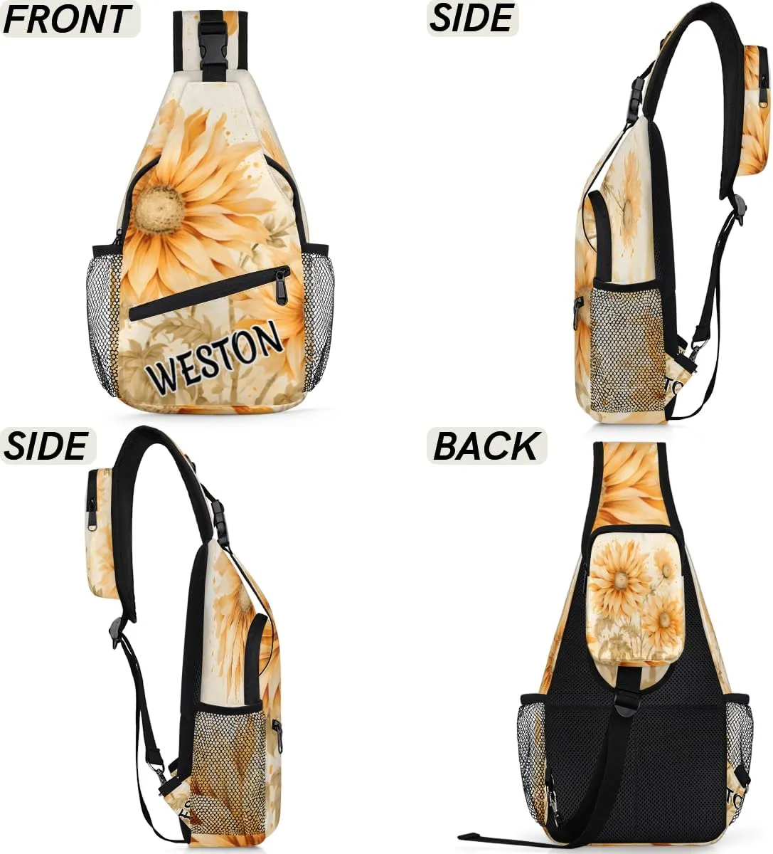Sunflower Printed Custom Sling Bag with name, Personalized Crossbody Sling Backpack for Women Men Outdoor Sports Chest Bag