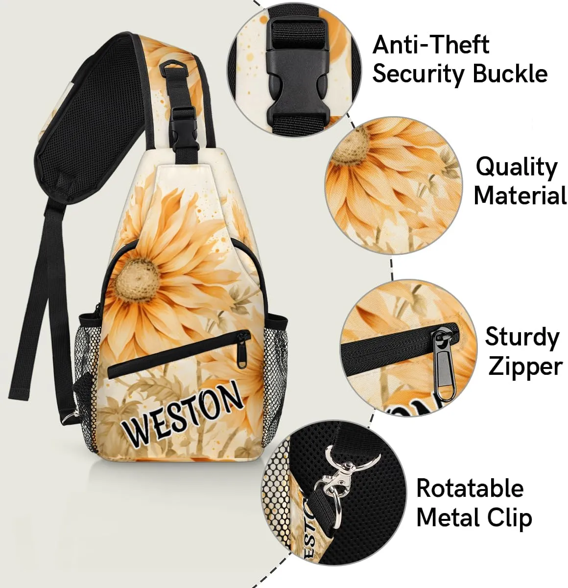 Sunflower Printed Custom Sling Bag with name, Personalized Crossbody Sling Backpack for Women Men Outdoor Sports Chest Bag