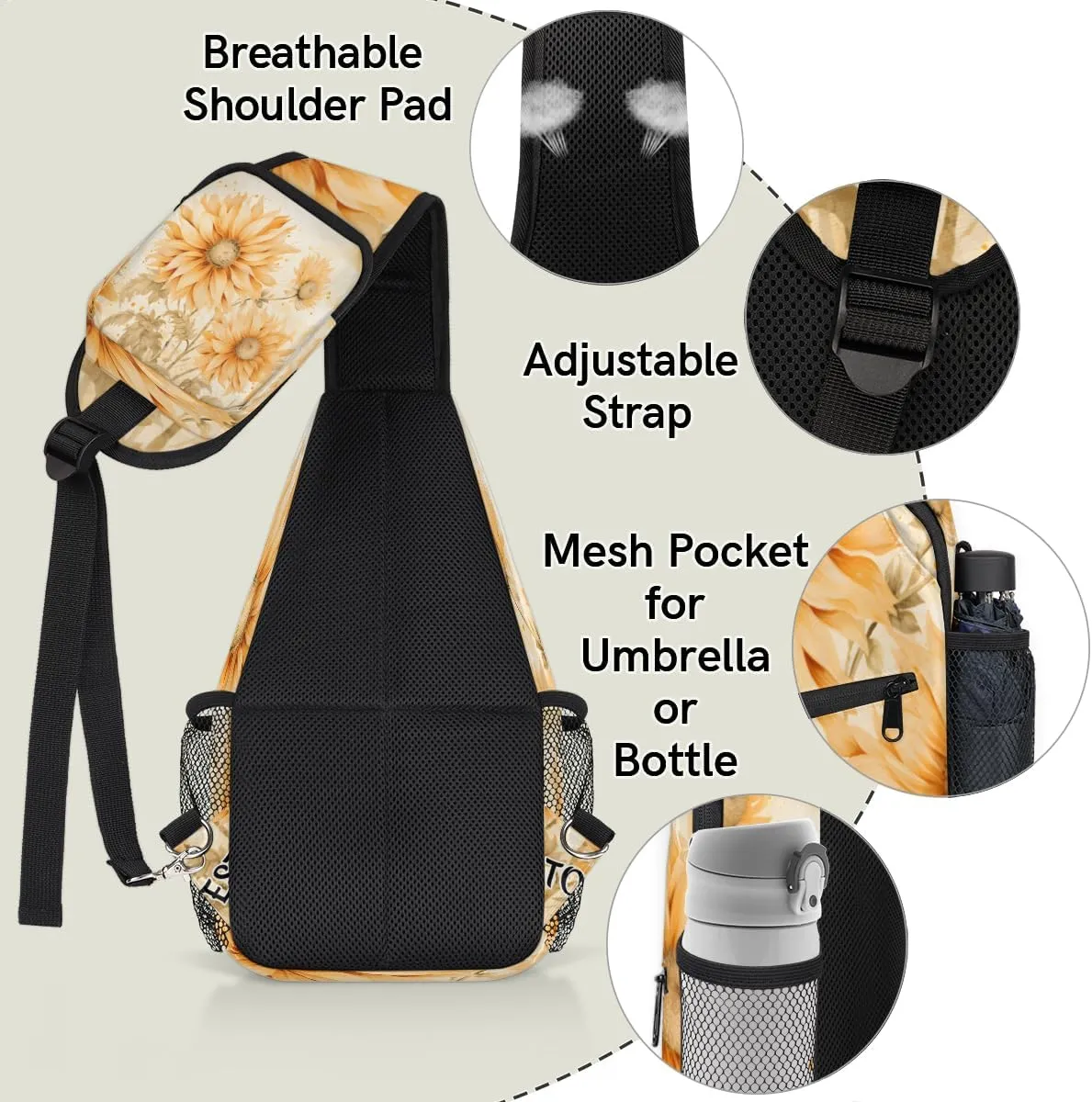Sunflower Printed Custom Sling Bag with name, Personalized Crossbody Sling Backpack for Women Men Outdoor Sports Chest Bag