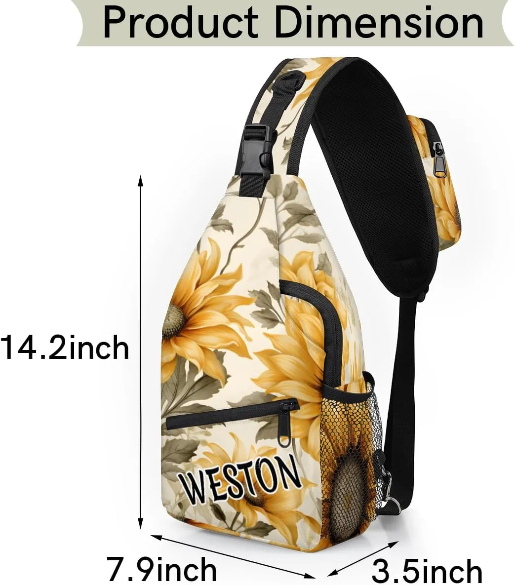 Sunflowers Custom Sling Bag with name, Personalized Crossbody Sling Backpack for Women Men Outdoor Sports Chest Bag