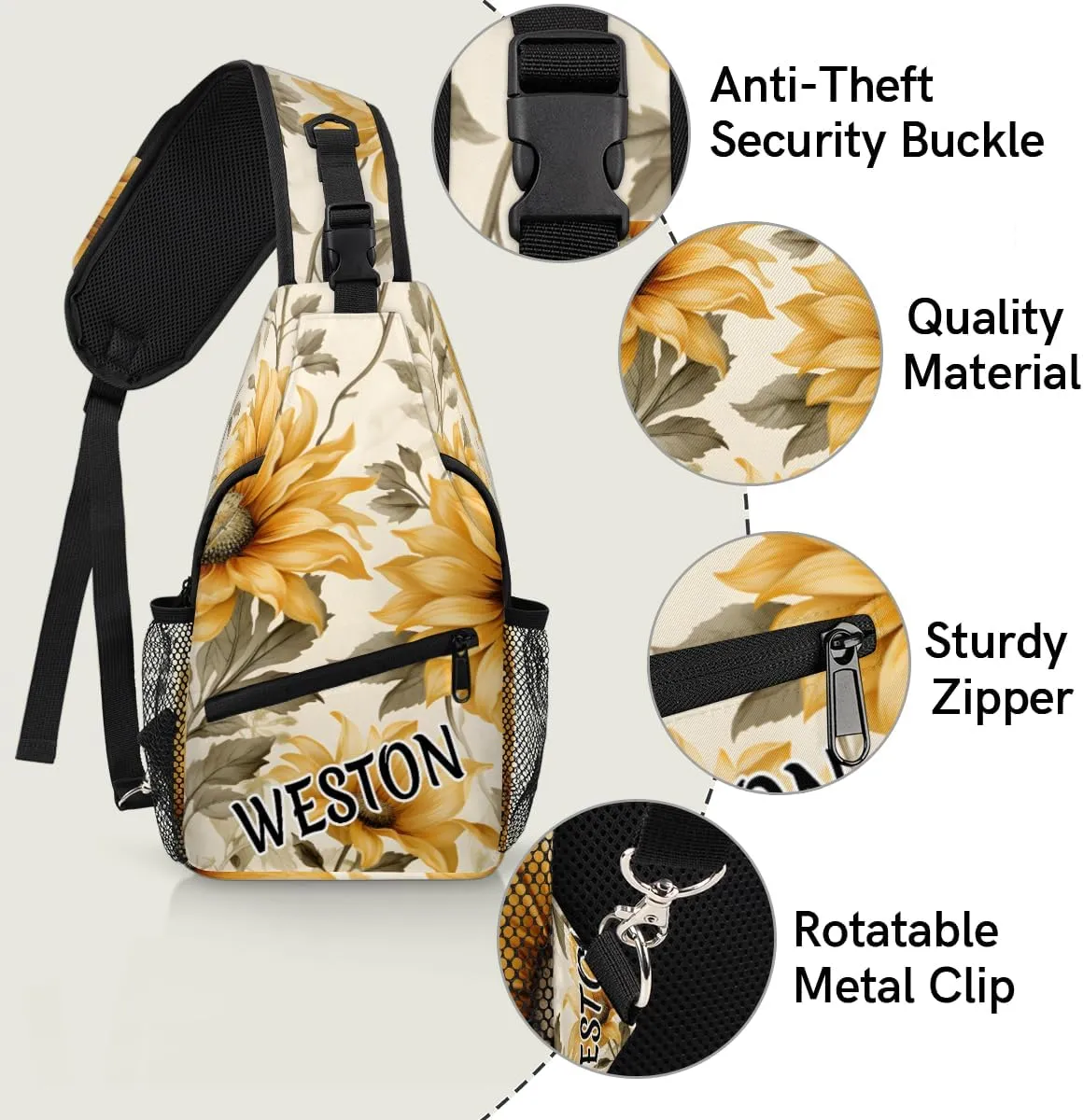 Sunflowers Custom Sling Bag with name, Personalized Crossbody Sling Backpack for Women Men Outdoor Sports Chest Bag