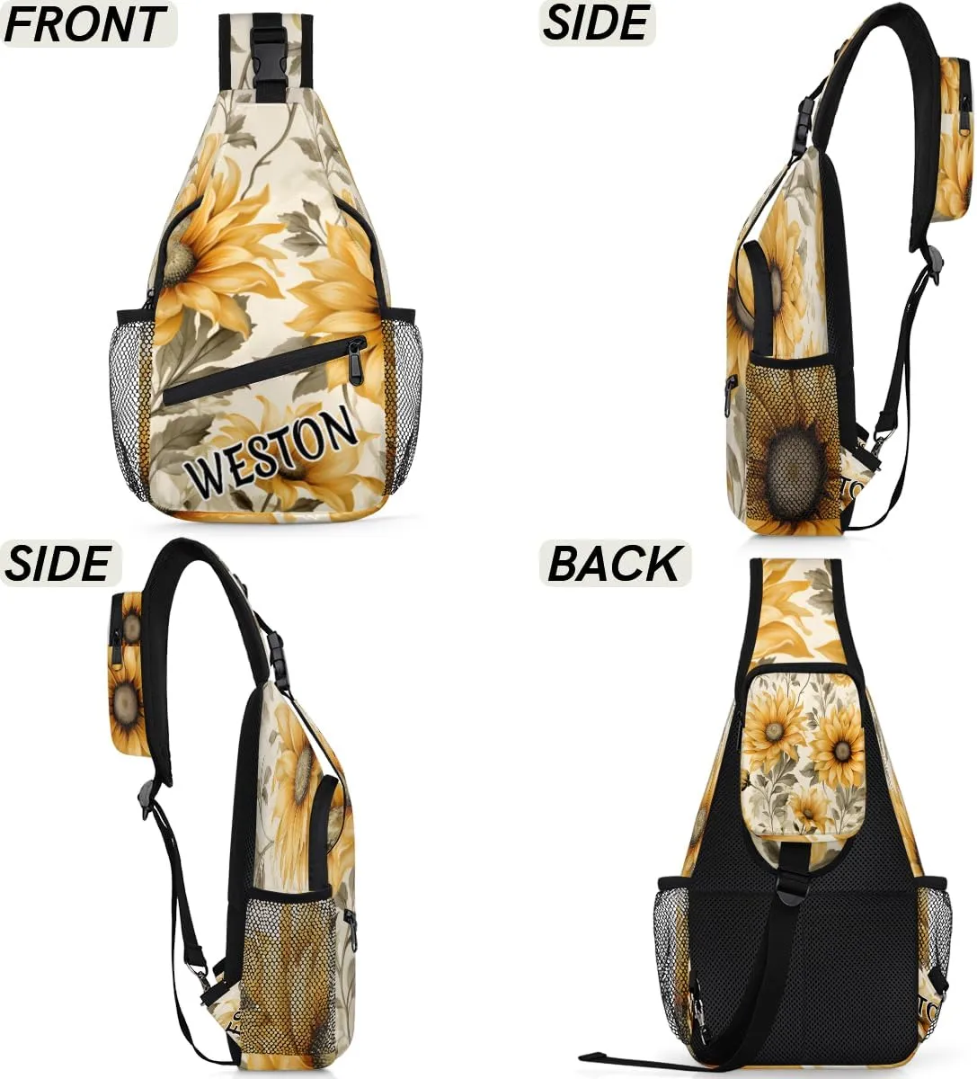 Sunflowers Custom Sling Bag with name, Personalized Crossbody Sling Backpack for Women Men Outdoor Sports Chest Bag