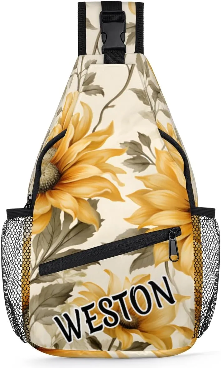 Sunflowers Custom Sling Bag with name, Personalized Crossbody Sling Backpack for Women Men Outdoor Sports Chest Bag
