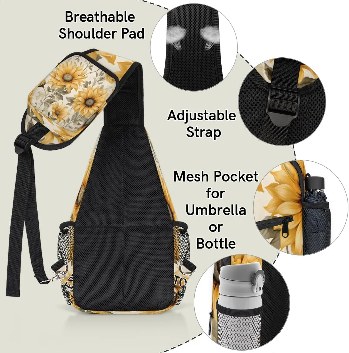 Sunflowers Custom Sling Bag with name, Personalized Crossbody Sling Backpack for Women Men Outdoor Sports Chest Bag