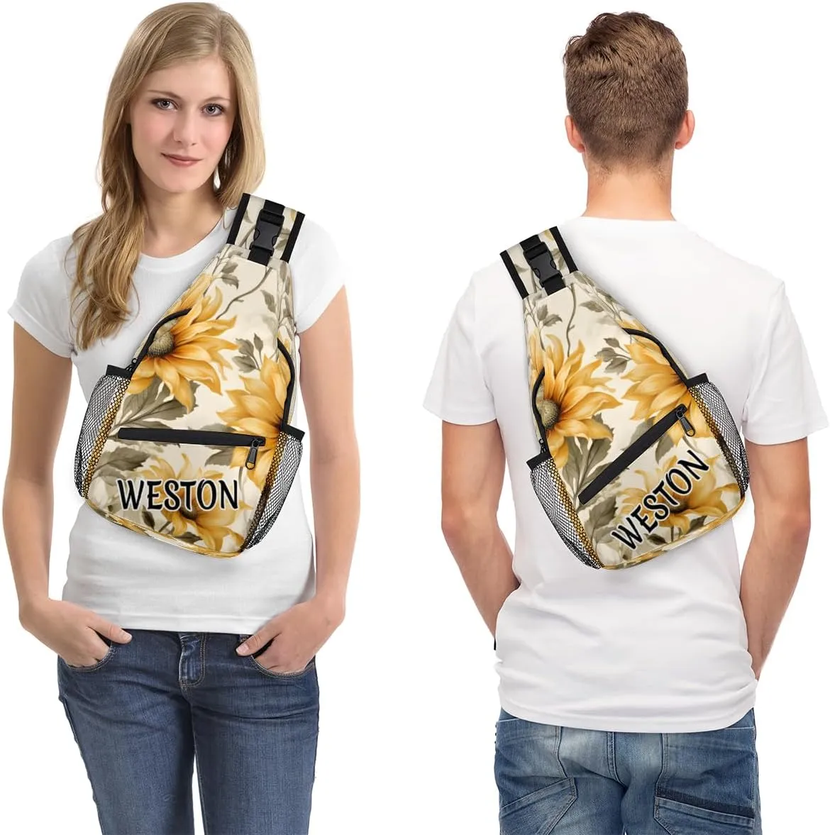 Sunflowers Custom Sling Bag with name, Personalized Crossbody Sling Backpack for Women Men Outdoor Sports Chest Bag