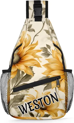 Sunflowers Custom Sling Bag with name, Personalized Crossbody Sling Backpack for Women Men Outdoor Sports Chest Bag