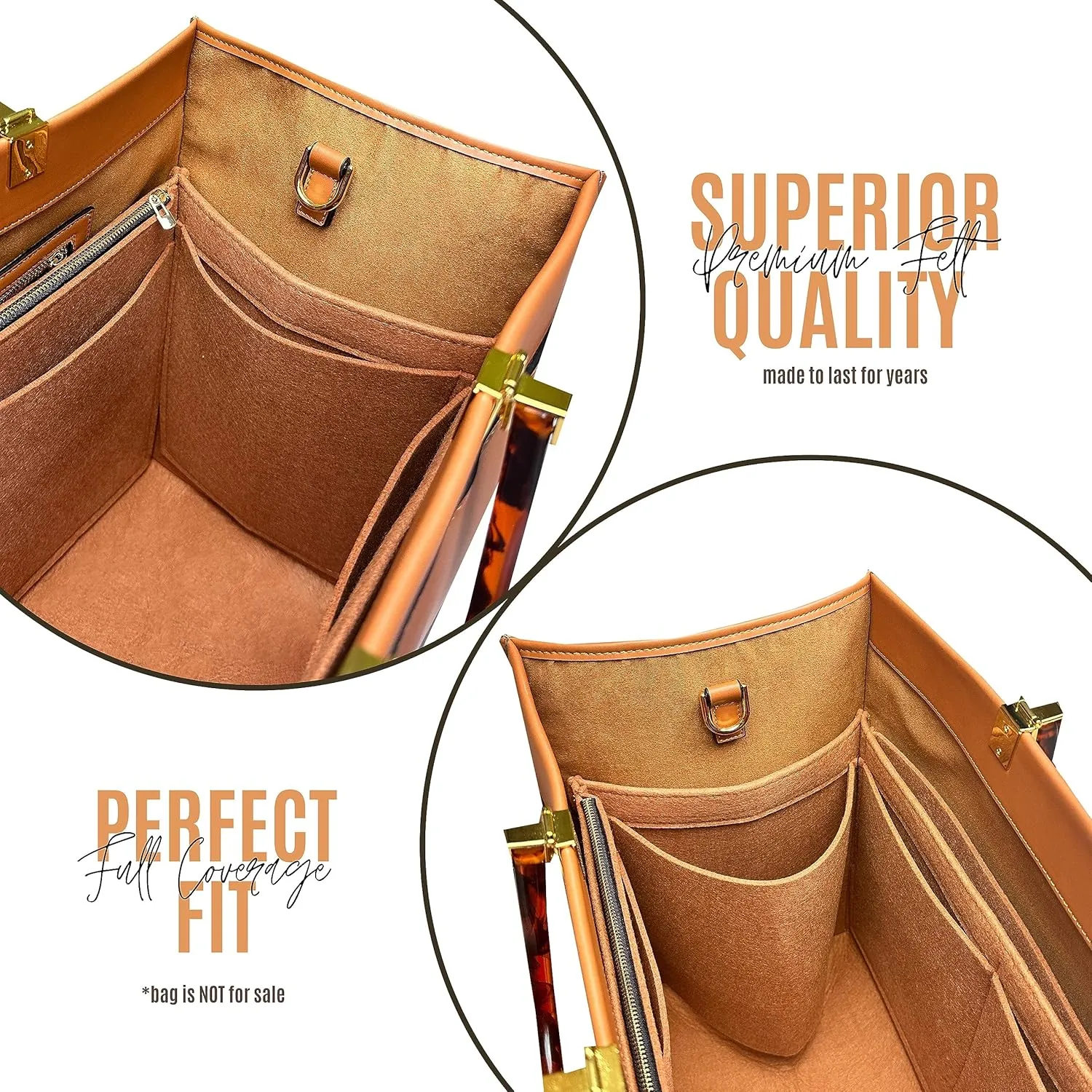 Sunshine Tote Organizer Insert, Sunshine Shopper Medium Insert, Mini Sunshine Large Organizer, Handmade 3mm Premium Felt Snug Sturdy Gold Zipper (For Large Sunshine Tote, Lightcoffee)