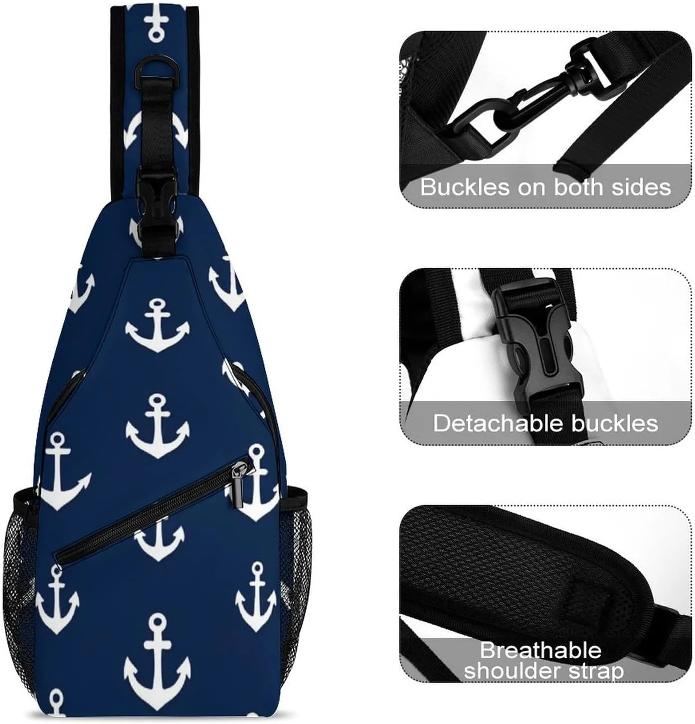 Supdreamc Men & Women Sling Backpack Casual Carrying Tote Case Crossbody Travel Bag - Multipurpose Anti-Theft Bookbag, Nautical Anchor Navy Breathable Crossbody Shoulder Bag