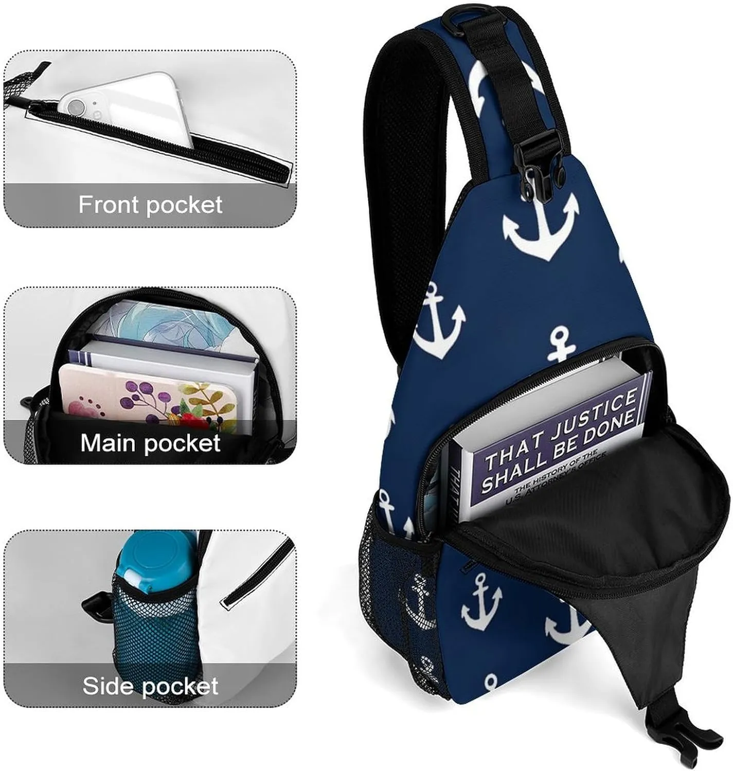 Supdreamc Men & Women Sling Backpack Casual Carrying Tote Case Crossbody Travel Bag - Multipurpose Anti-Theft Bookbag, Nautical Anchor Navy Breathable Crossbody Shoulder Bag