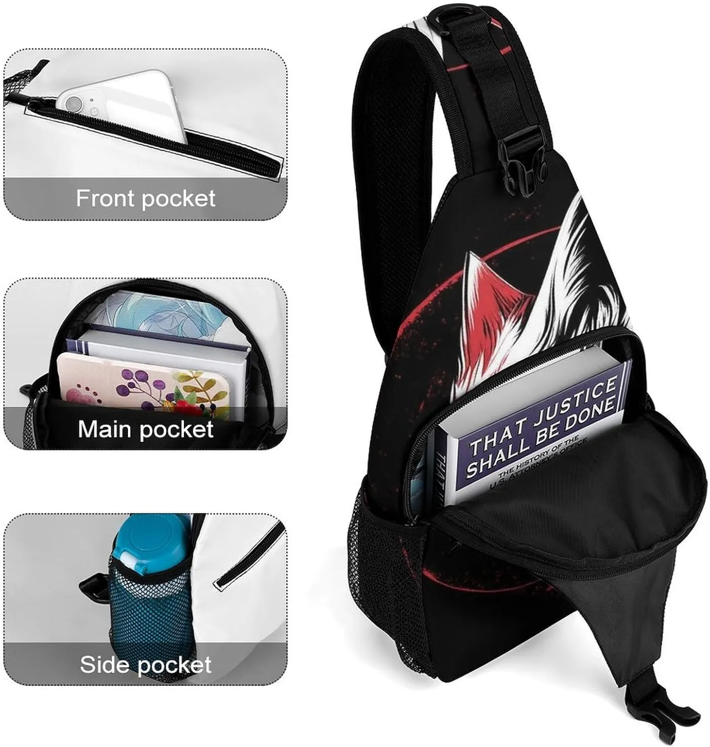 Supdreamc Men Sling Backpack Packable Breathable Shoulder Chest Crossbody Bag - Japanese Fox Art Anti-Theft Multipurpose Rucksack Tote Bags With Adjustable Shoulder Strap