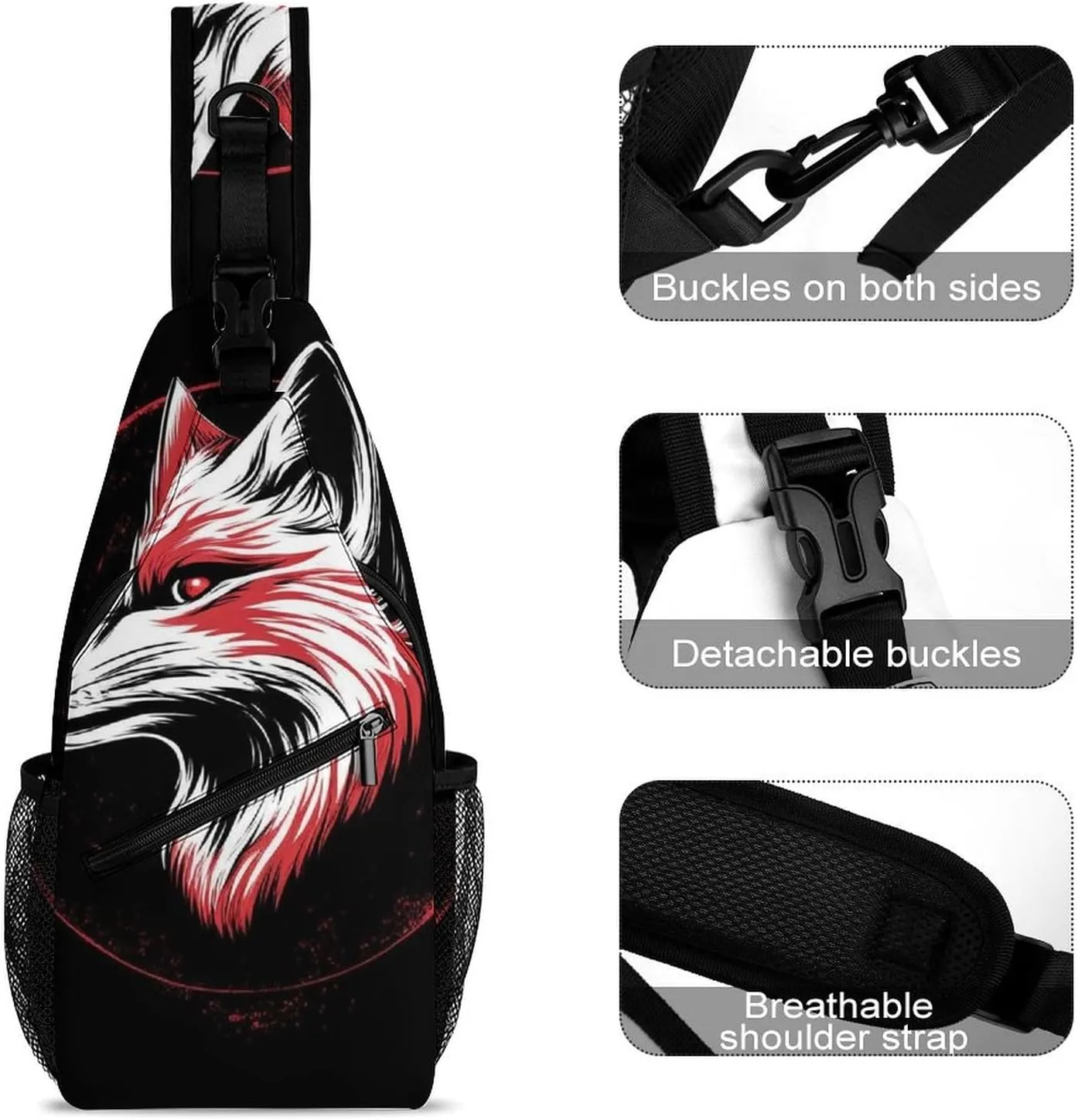 Supdreamc Men Sling Backpack Packable Breathable Shoulder Chest Crossbody Bag - Japanese Fox Art Anti-Theft Multipurpose Rucksack Tote Bags With Adjustable Shoulder Strap