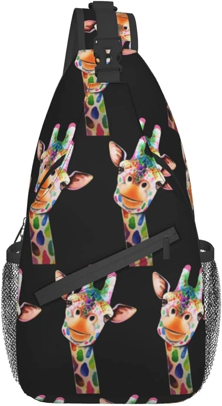 SWEET TANG Sling Backpack Cute Cartoon Illustration Colorful Rainbow Giraffe for Men Boys Multipurpose Crossbody Shoulder Bag Lightweight Adjustable Travel Hiking Daypack Gym Bag One Size