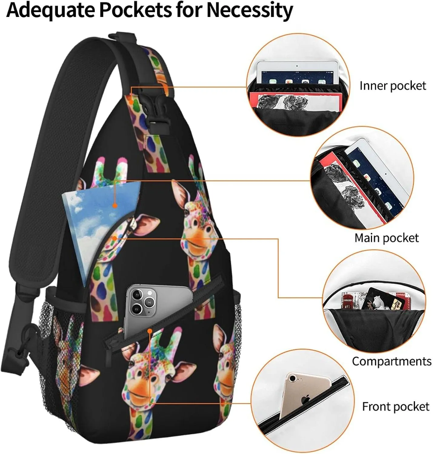 SWEET TANG Sling Backpack Cute Cartoon Illustration Colorful Rainbow Giraffe for Men Boys Multipurpose Crossbody Shoulder Bag Lightweight Adjustable Travel Hiking Daypack Gym Bag One Size