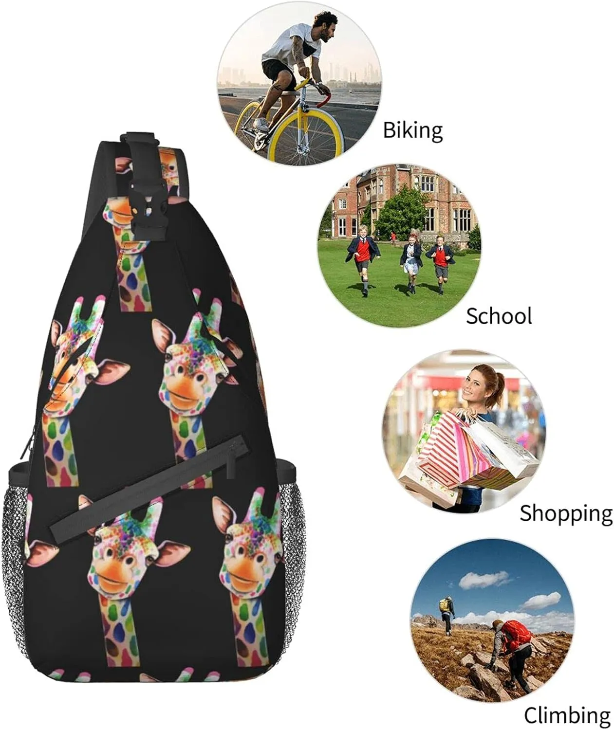 SWEET TANG Sling Backpack Cute Cartoon Illustration Colorful Rainbow Giraffe for Men Boys Multipurpose Crossbody Shoulder Bag Lightweight Adjustable Travel Hiking Daypack Gym Bag One Size