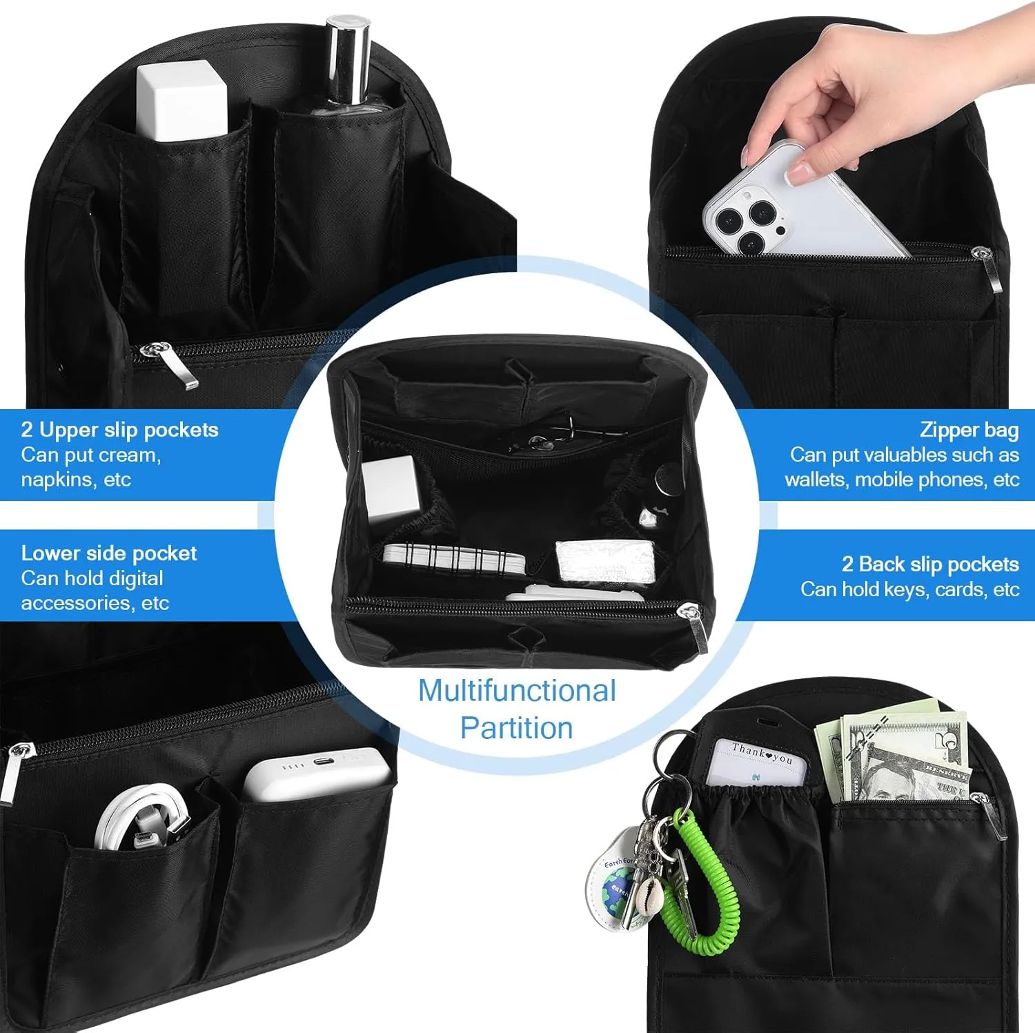 Sweetude 2 Pcs Backpack Organizer Insert 7.9 x 4.8 x 11 Inch Small Shoulder Bag Divider for Rucksack Handbag Shoulder Bag Purse(Black)