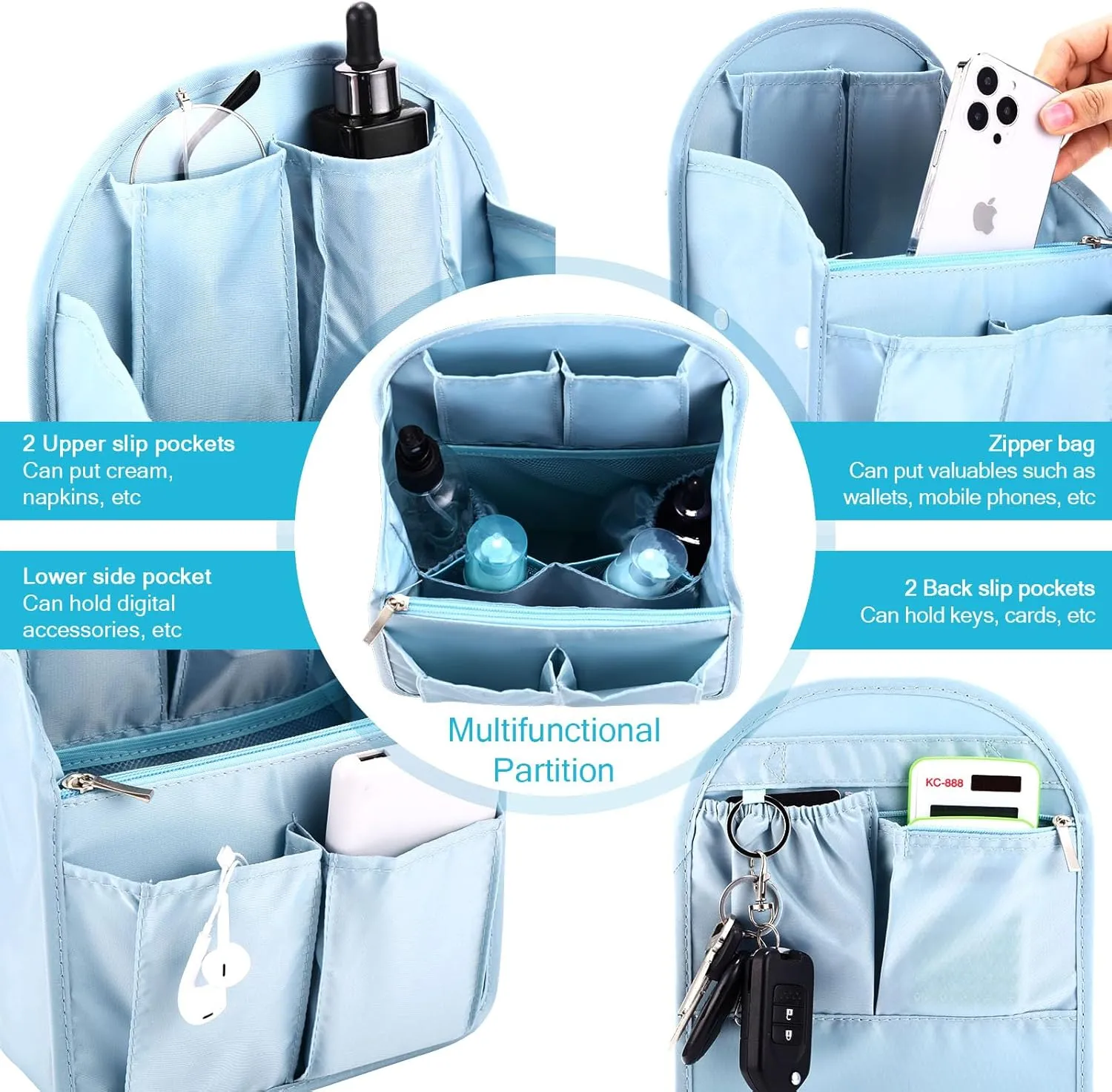 Sweetude 2 Pcs Mini Backpack Organizer Insert 7.9 x 4.8 x 11 Inch Small Shoulder Bag Divider for Rucksack Handbag Shoulder Bag Purse(Light Blue)