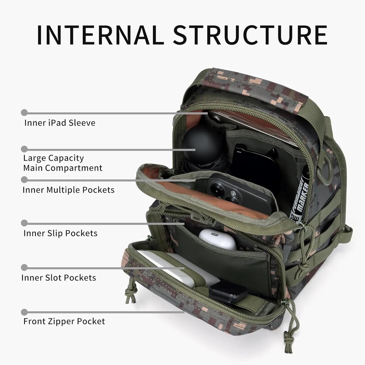 Tactical Chest Military Shoulder Bag Tactical Chest Sling Pack MOLLE Crossbody Bag Military Mini Single Strap Backpack for Travel Hiking Camping, Camouflage