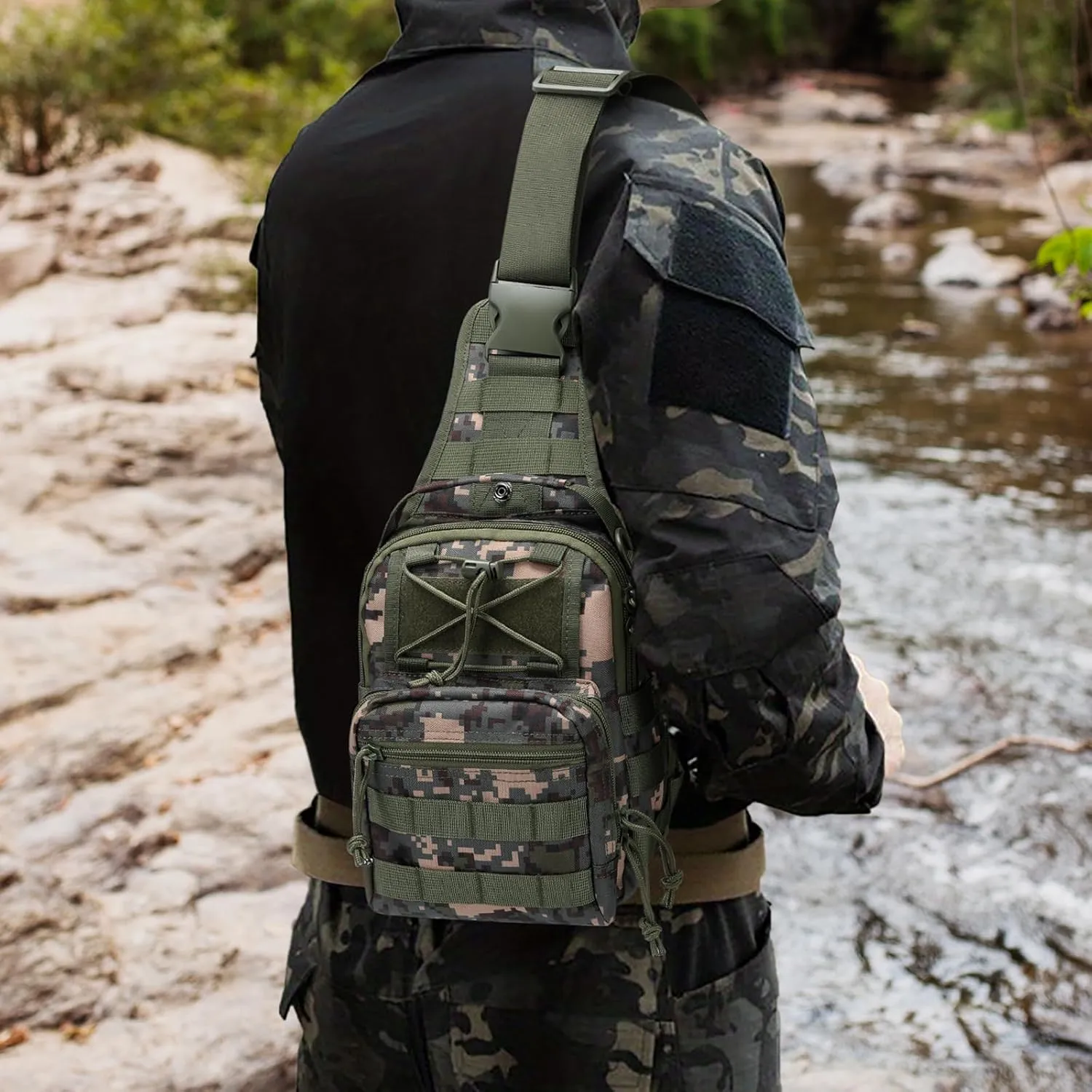 Tactical Chest Military Shoulder Bag Tactical Chest Sling Pack MOLLE Crossbody Bag Military Mini Single Strap Backpack for Travel Hiking Camping, Camouflage