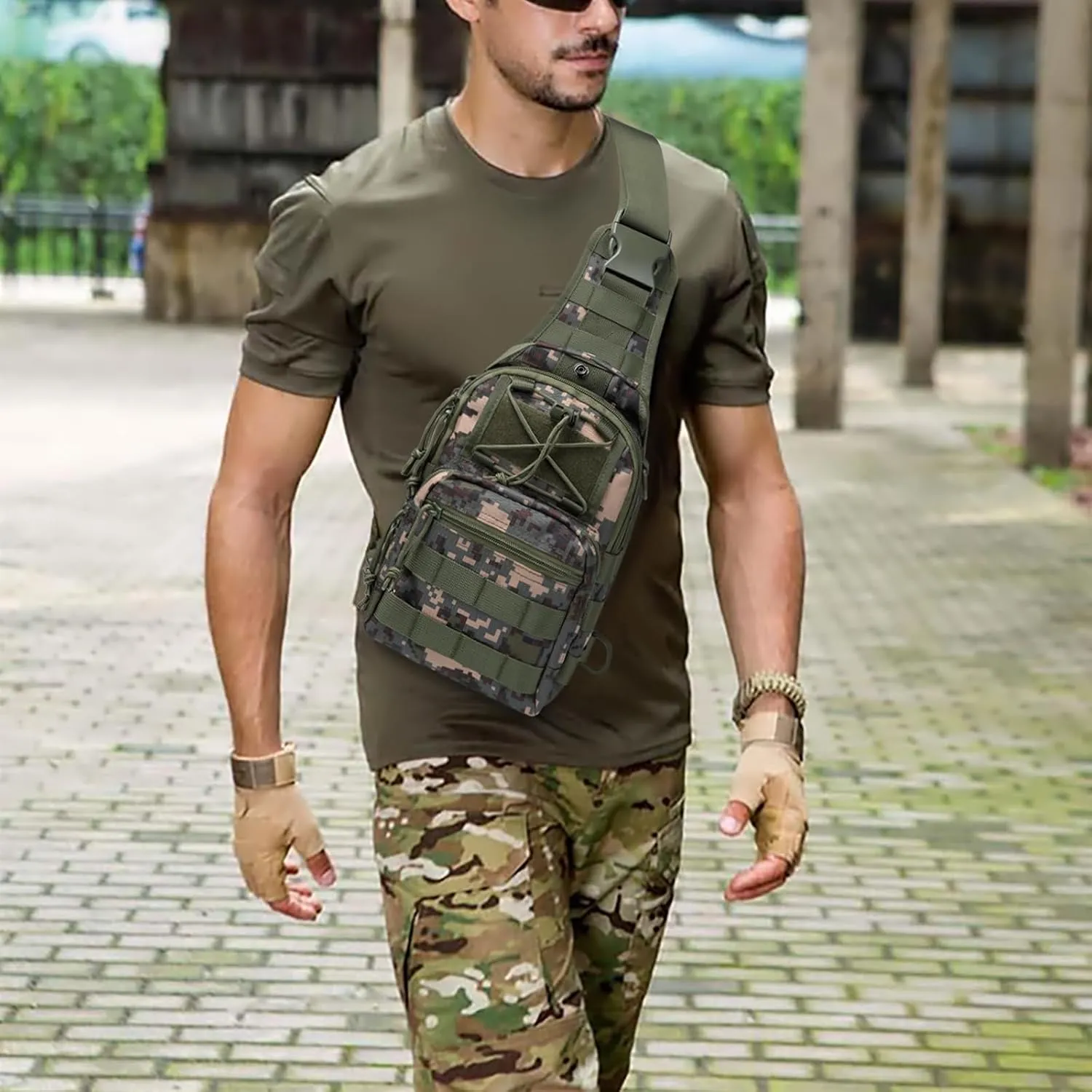 Tactical Chest Military Shoulder Bag Tactical Chest Sling Pack MOLLE Crossbody Bag Military Mini Single Strap Backpack for Travel Hiking Camping, Camouflage