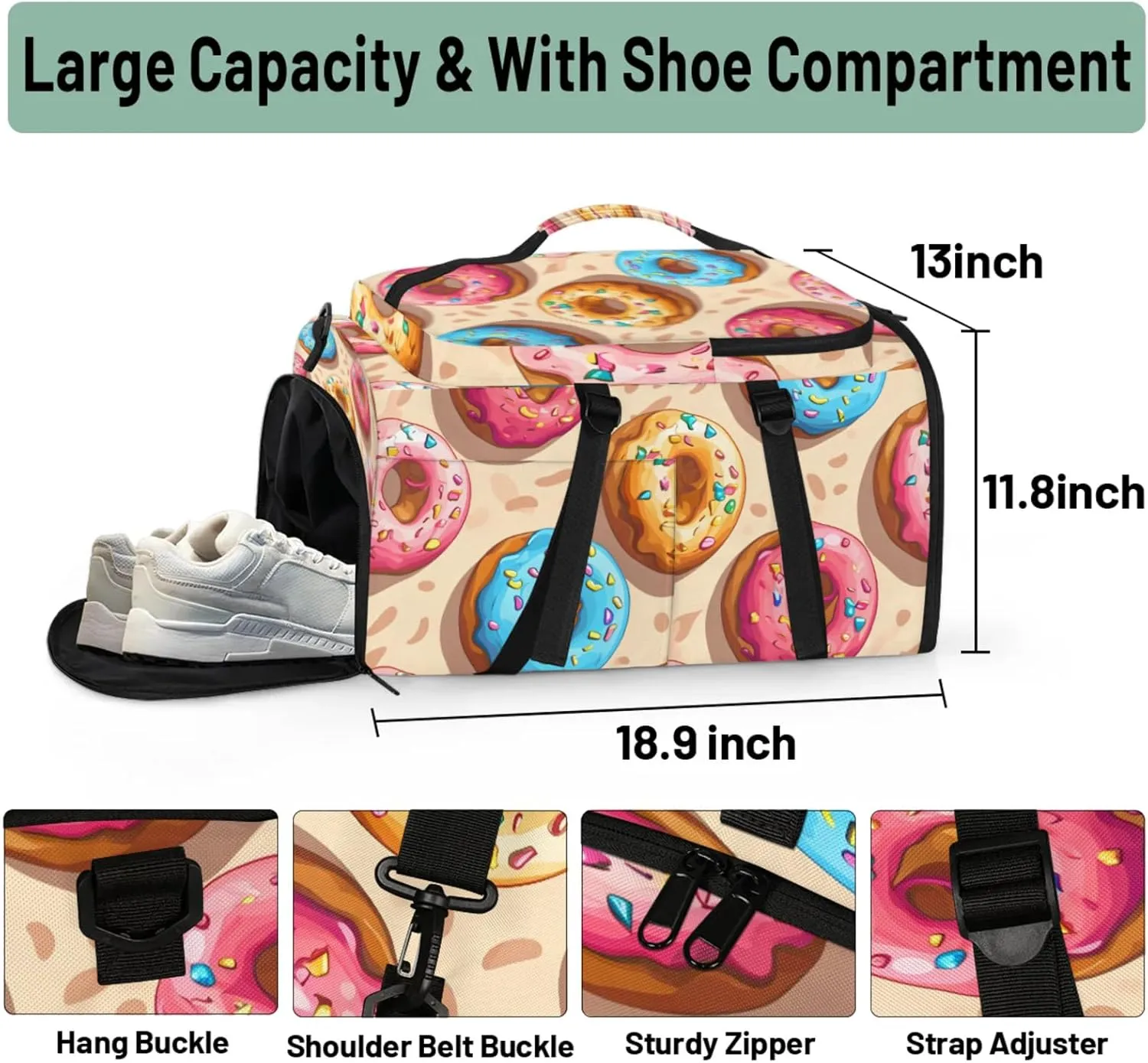 Tactical Sports Duffle Bag for Travel Waterproof Gym Bag with Shoe Compartment 48L Carry On Luggage for Men & Women 3-in-1 Durable Travel Luggage Doughnut Sweet