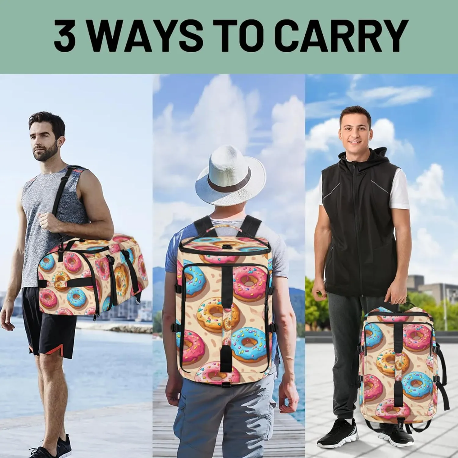 Tactical Sports Duffle Bag for Travel Waterproof Gym Bag with Shoe Compartment 48L Carry On Luggage for Men & Women 3-in-1 Durable Travel Luggage Doughnut Sweet