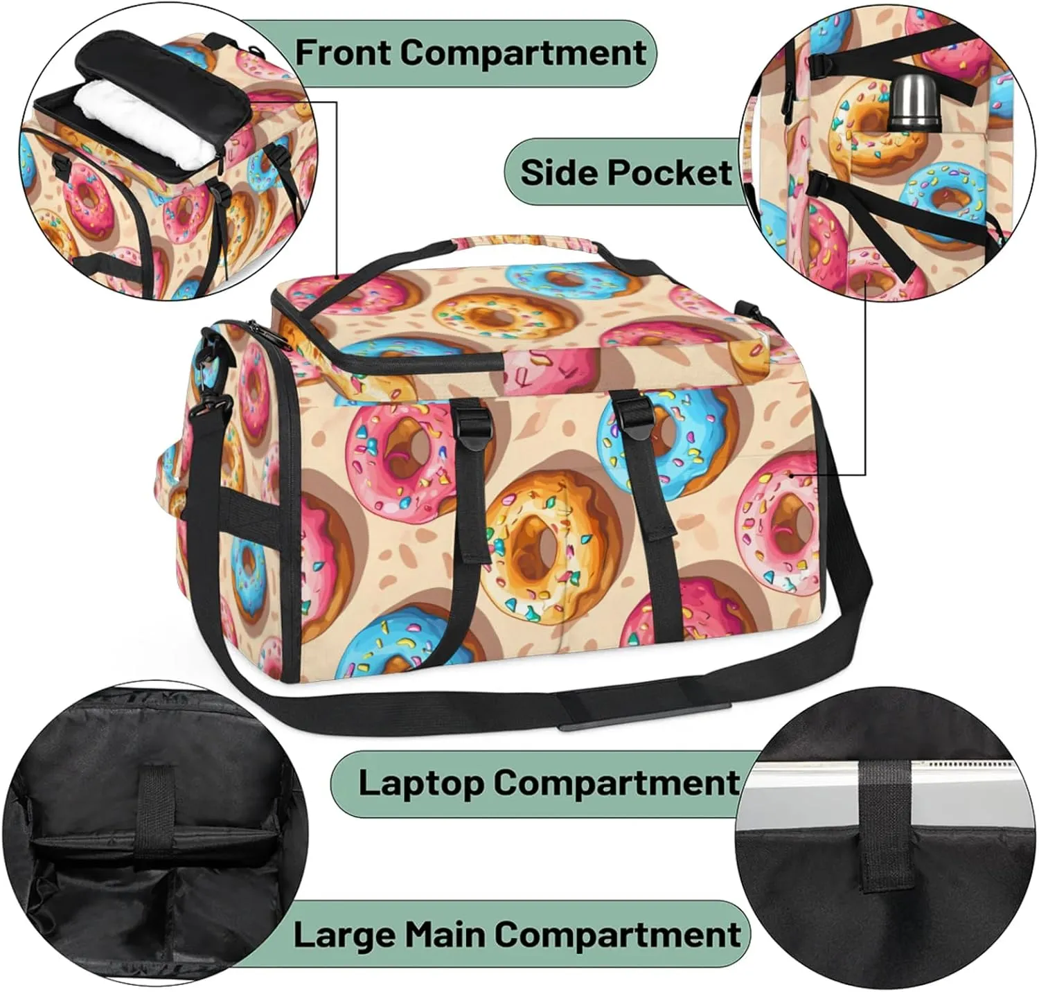 Tactical Sports Duffle Bag for Travel Waterproof Gym Bag with Shoe Compartment 48L Carry On Luggage for Men & Women 3-in-1 Durable Travel Luggage Doughnut Sweet