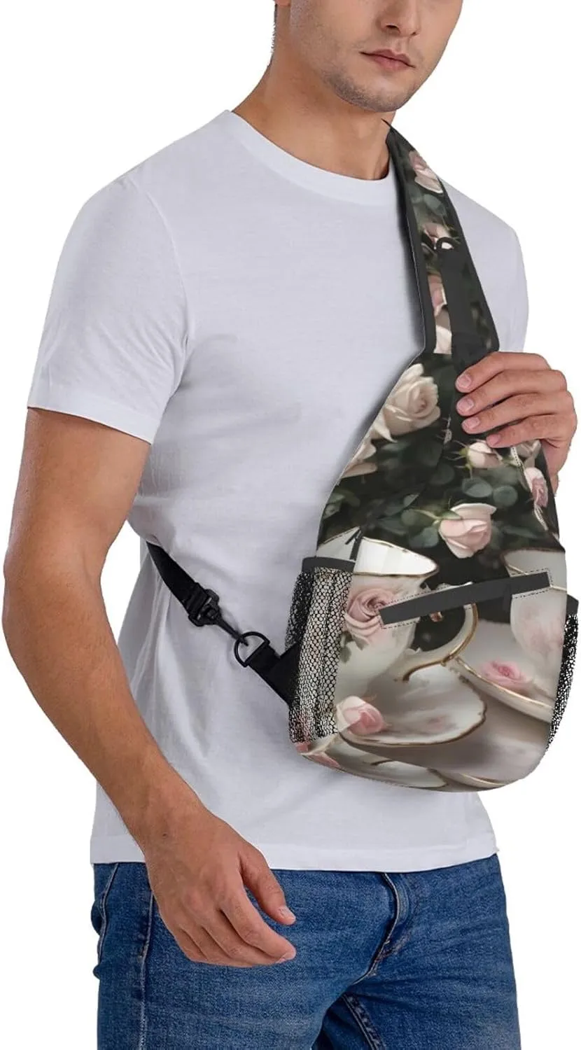 Tea Cups With Roses Romantic Shabby Unisex Casual Diagonal Chest Bag,Multipurpose Crossbody Shoulder Bag Travel Hiking Daypack