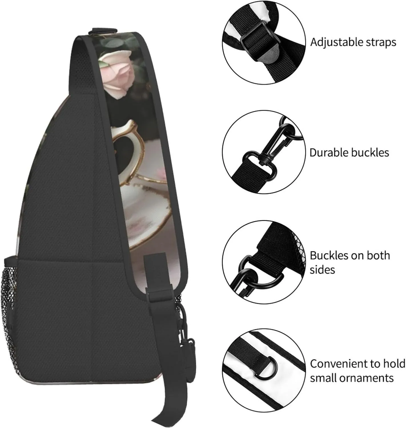Tea Cups With Roses Romantic Shabby Unisex Casual Diagonal Chest Bag,Multipurpose Crossbody Shoulder Bag Travel Hiking Daypack