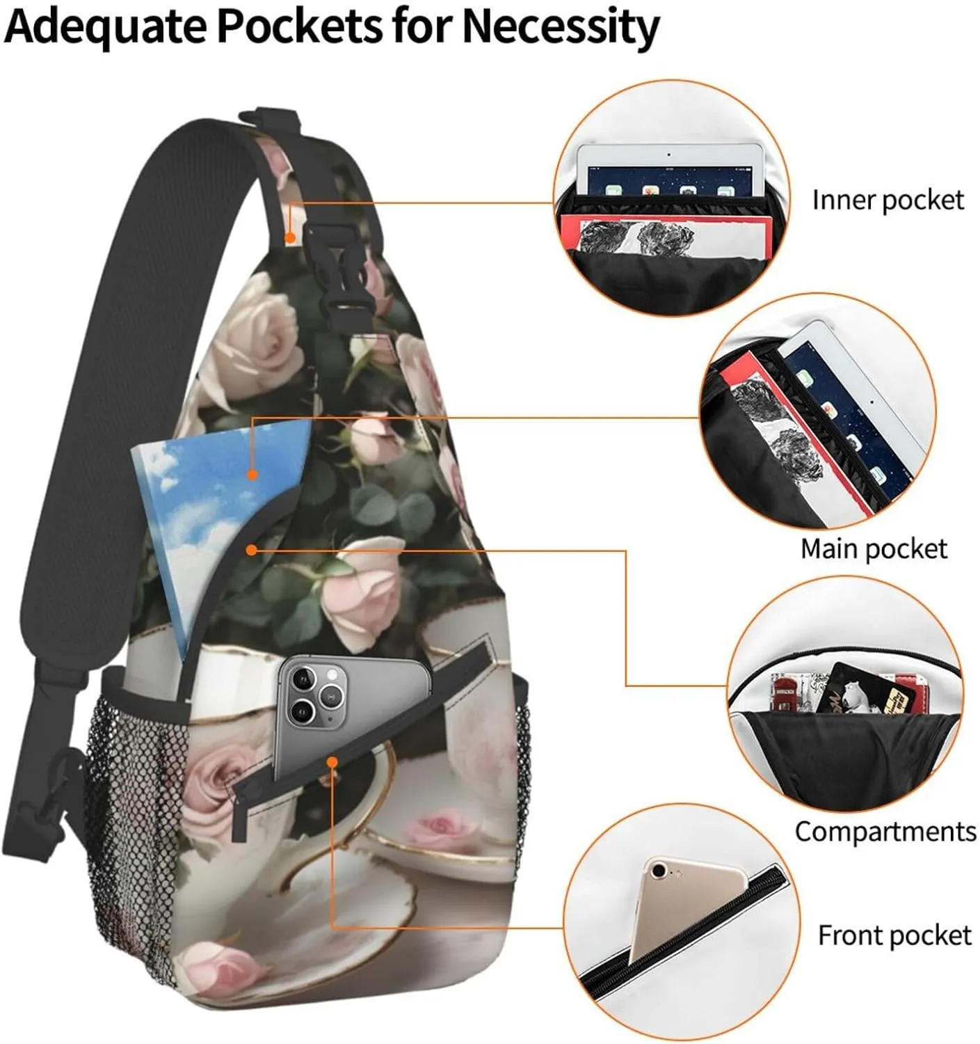 Tea Cups With Roses Romantic Shabby Unisex Casual Diagonal Chest Bag,Multipurpose Crossbody Shoulder Bag Travel Hiking Daypack