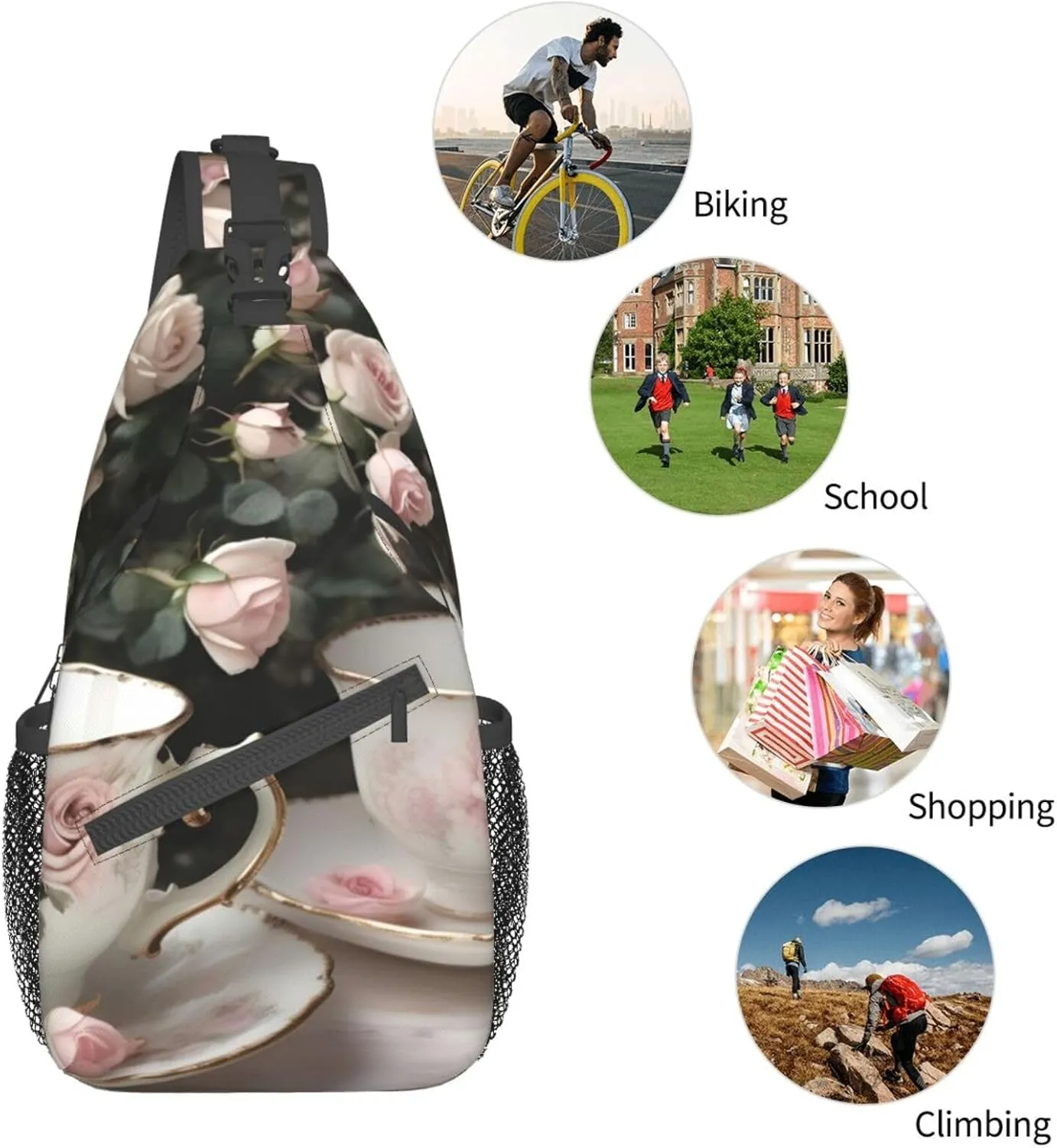 Tea Cups With Roses Romantic Shabby Unisex Casual Diagonal Chest Bag,Multipurpose Crossbody Shoulder Bag Travel Hiking Daypack