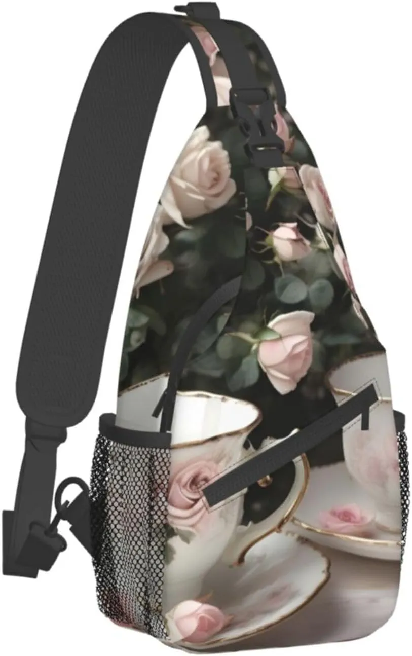 Tea Cups With Roses Romantic Shabby Unisex Casual Diagonal Chest Bag,Multipurpose Crossbody Shoulder Bag Travel Hiking Daypack