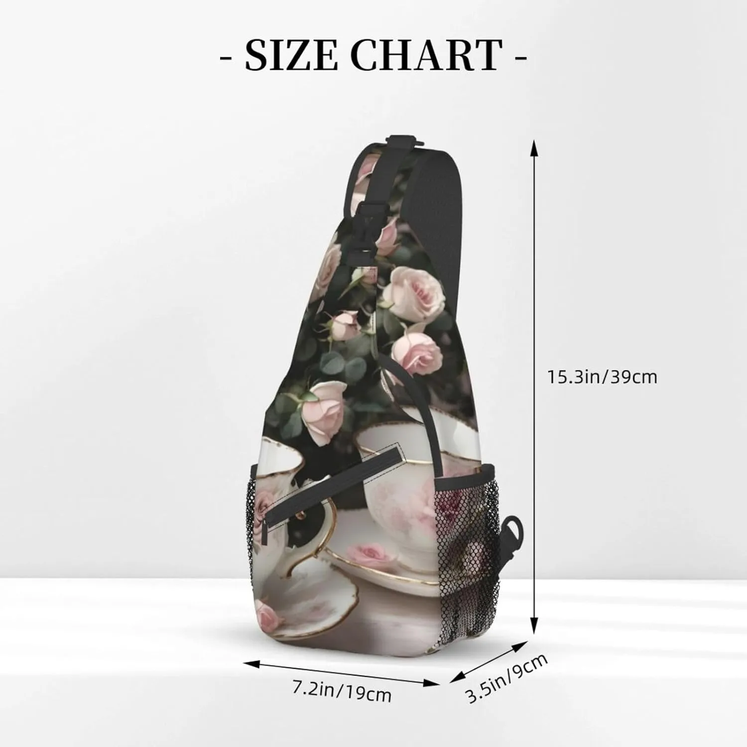 Tea Cups With Roses Romantic Shabby Unisex Casual Diagonal Chest Bag,Multipurpose Crossbody Shoulder Bag Travel Hiking Daypack