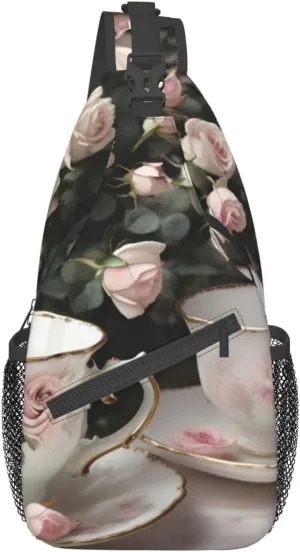 Tea Cups With Roses Romantic Shabby Unisex Casual Diagonal Chest Bag,Multipurpose Crossbody Shoulder Bag Travel Hiking Daypack