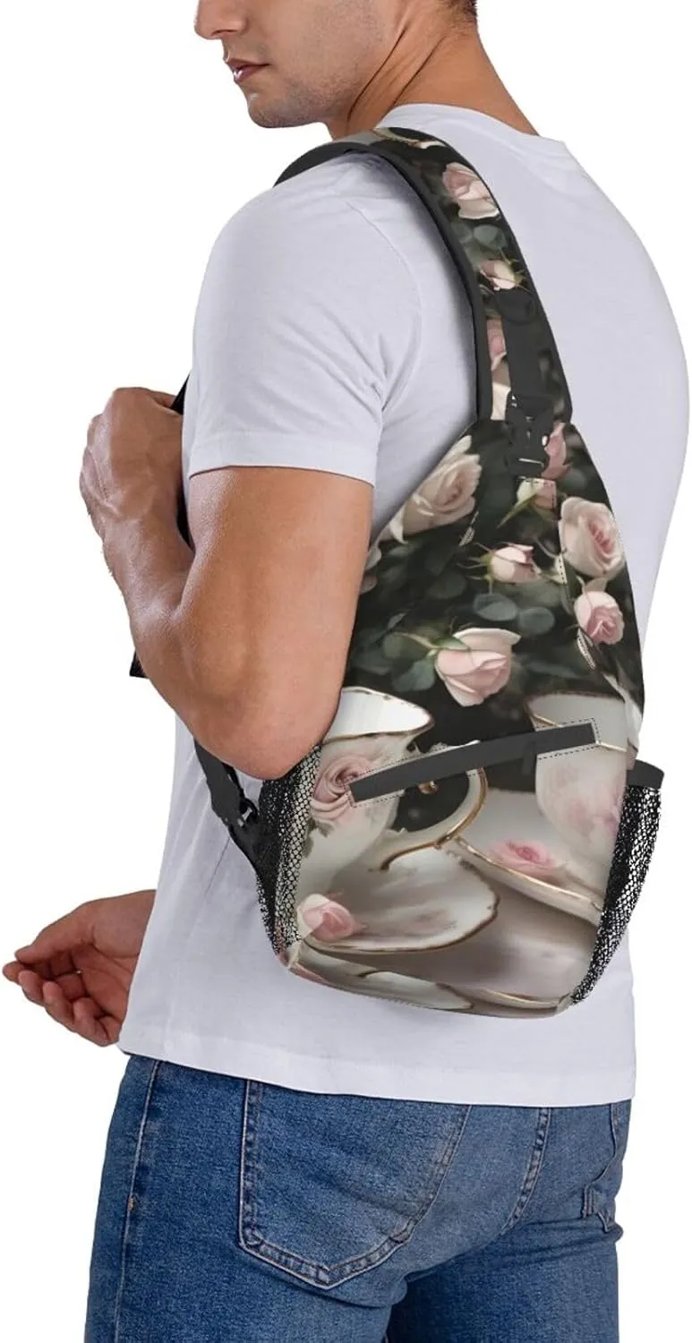 Tea Cups With Roses Romantic Shabby Unisex Casual Diagonal Chest Bag,Multipurpose Crossbody Shoulder Bag Travel Hiking Daypack