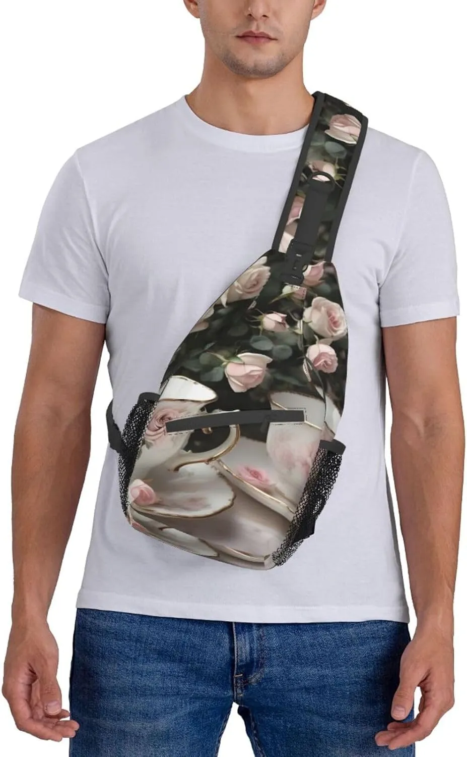 Tea Cups With Roses Romantic Shabby Unisex Casual Diagonal Chest Bag,Multipurpose Crossbody Shoulder Bag Travel Hiking Daypack