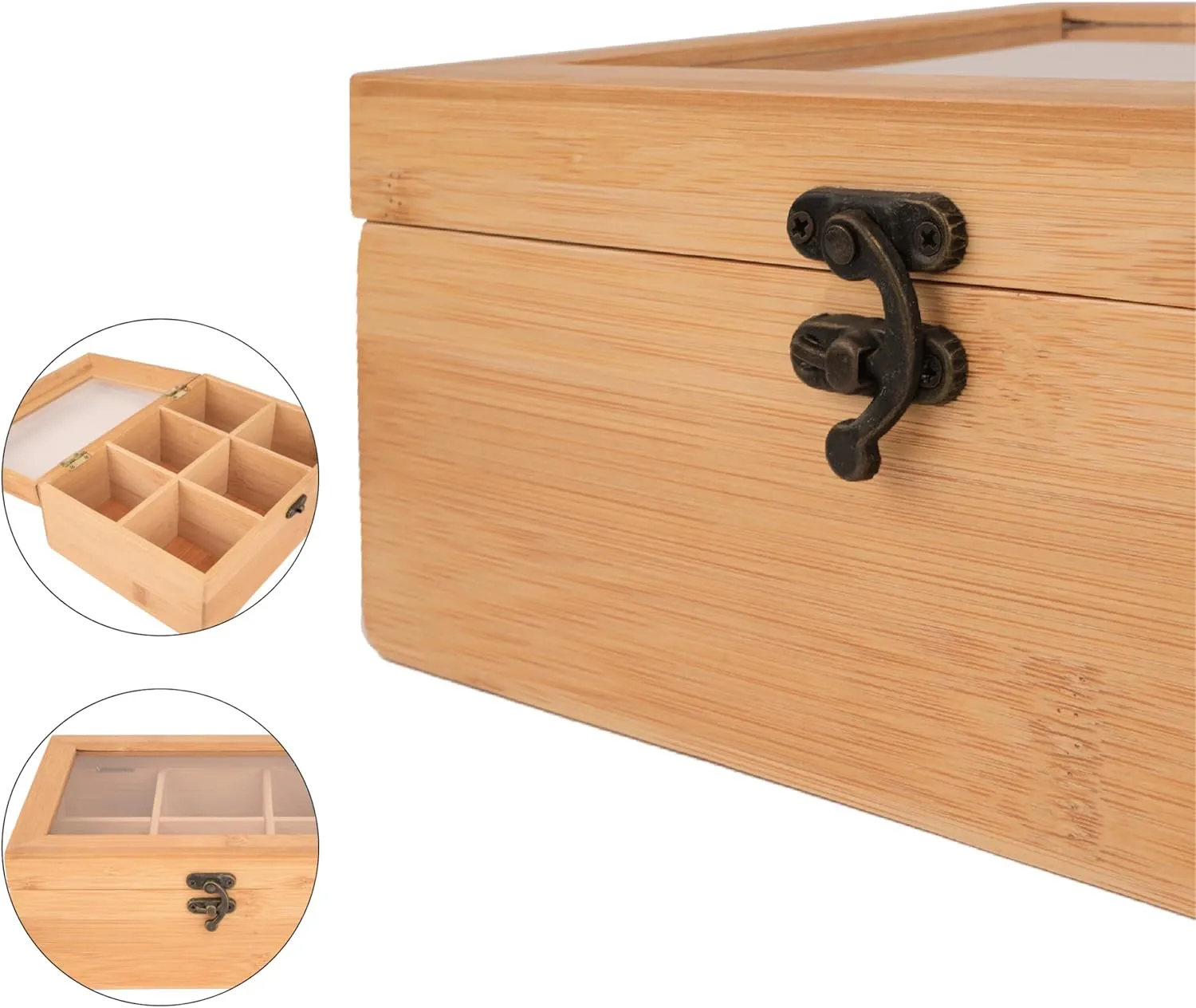 Tea Organizers And Storage With Clear Acrylic Window, Tea Box Organizer Storage Box 6 Compartments,Natural Bamboo Tea Bag Box 8.6"X6.3"