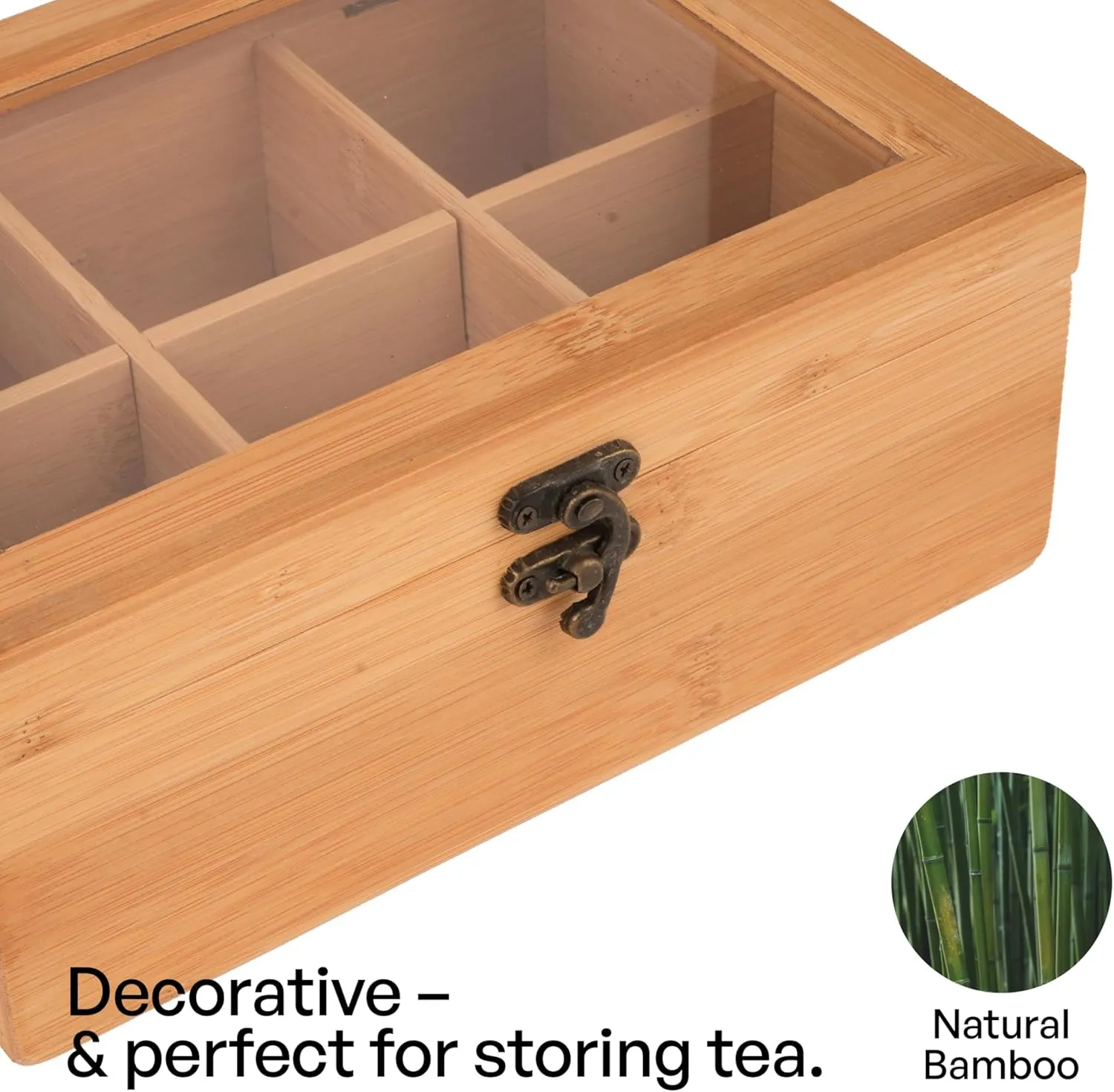 Tea Organizers And Storage With Clear Acrylic Window, Tea Box Organizer Storage Box 6 Compartments,Natural Bamboo Tea Bag Box 8.6"X6.3"