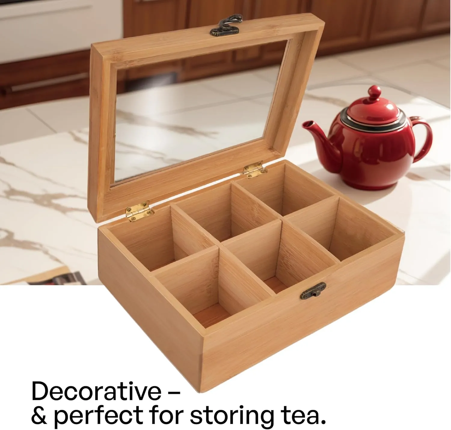 Tea Organizers And Storage With Clear Acrylic Window, Tea Box Organizer Storage Box 6 Compartments,Natural Bamboo Tea Bag Box 8.6"X6.3"