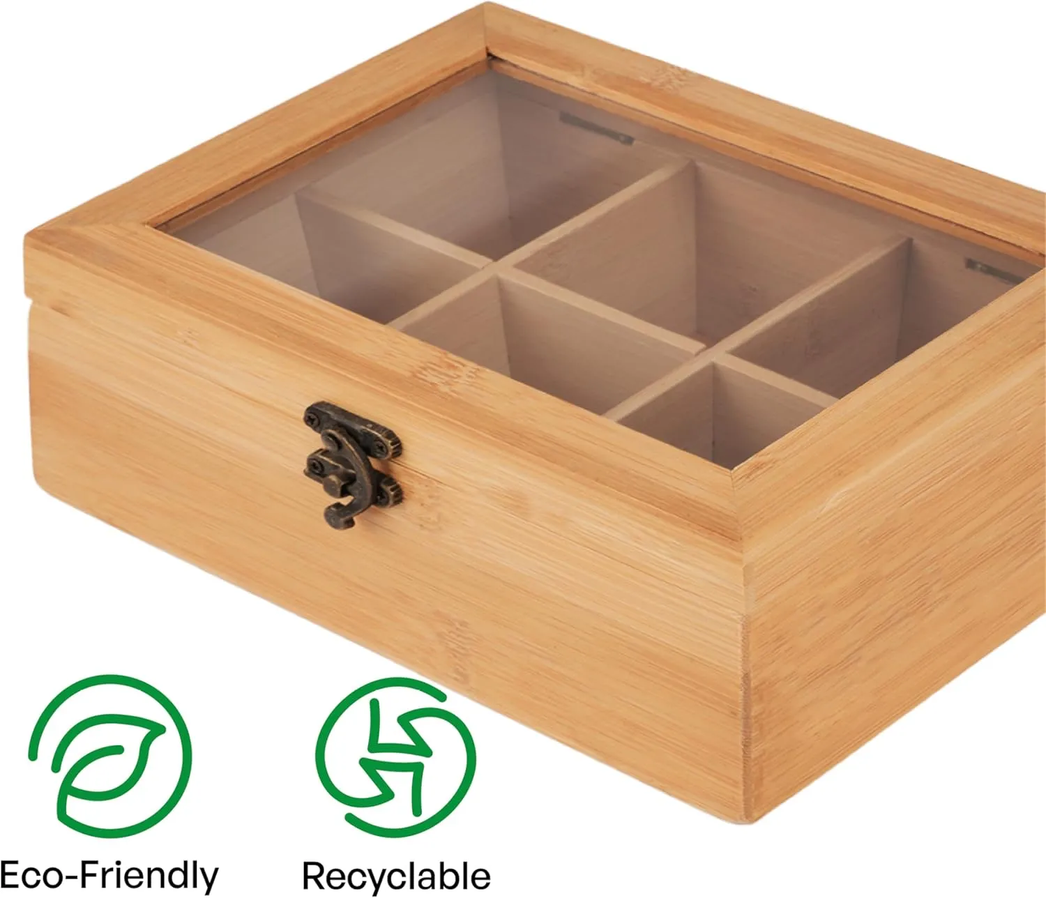Tea Organizers And Storage With Clear Acrylic Window, Tea Box Organizer Storage Box 6 Compartments,Natural Bamboo Tea Bag Box 8.6"X6.3"