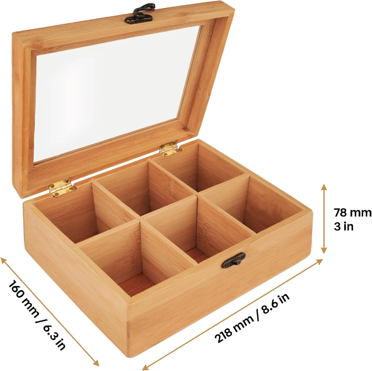 Tea Organizers And Storage With Clear Acrylic Window, Tea Box Organizer Storage Box 6 Compartments,Natural Bamboo Tea Bag Box 8.6"X6.3"